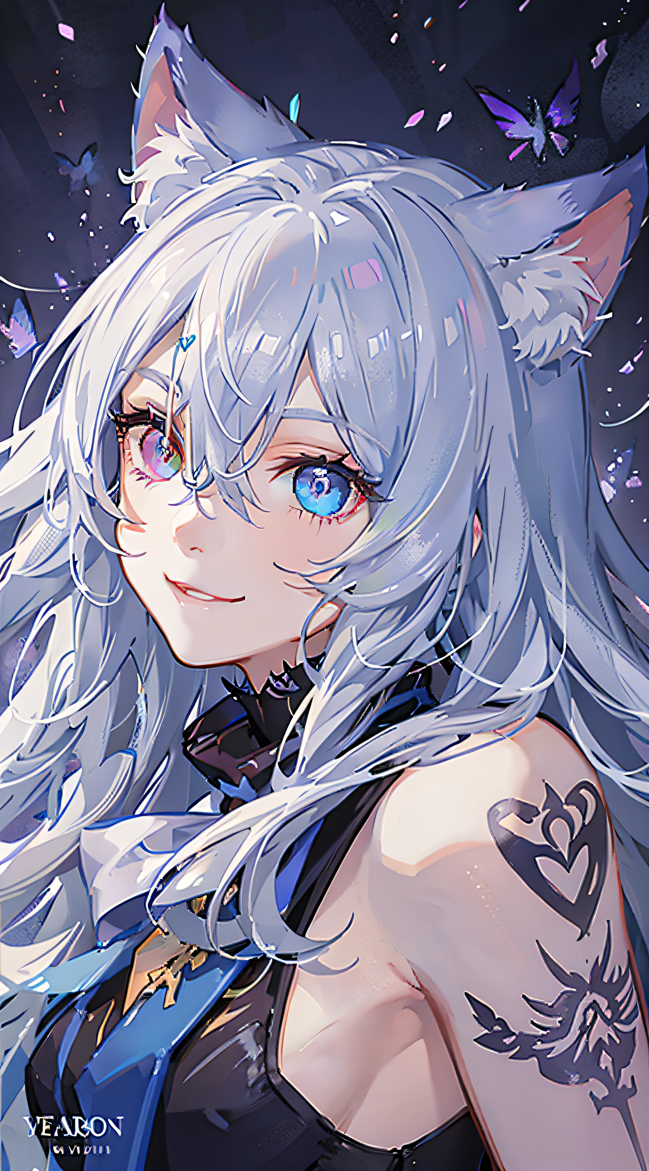 年轻, long white hair, Heterochromia, (Blue left eye, Right eye purple), White cat ears, Turquoise Top, Open chest, Tattoos, Smile, masutepiece, High quality