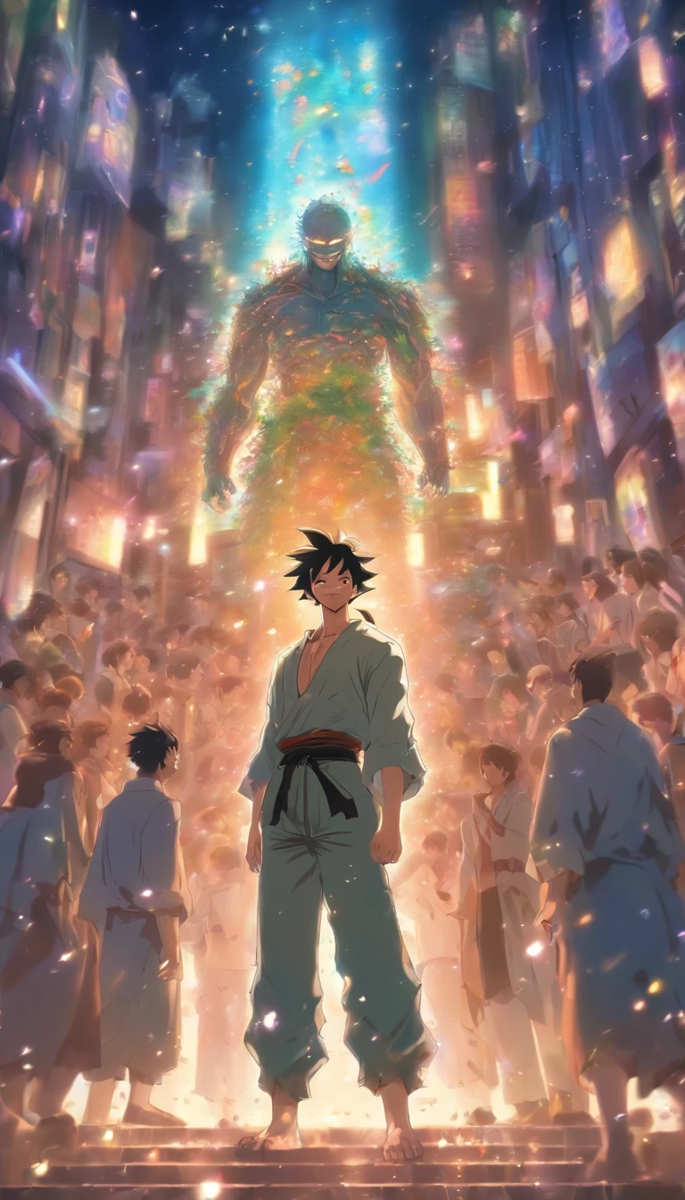 /imagine prompt: A smiling man standing in the middle of the hall, Surrounded by a group of injured people. After listening to Elder He's teachings, They all left to take care of the wounds. The man in the middle of the hall laughed, Seems happy with their performance. ,32K, Best quality, Masterpiece, Super detail, High details, By Makoto Shinkai ,in the style of the stars art group xing xing, --niji 5"