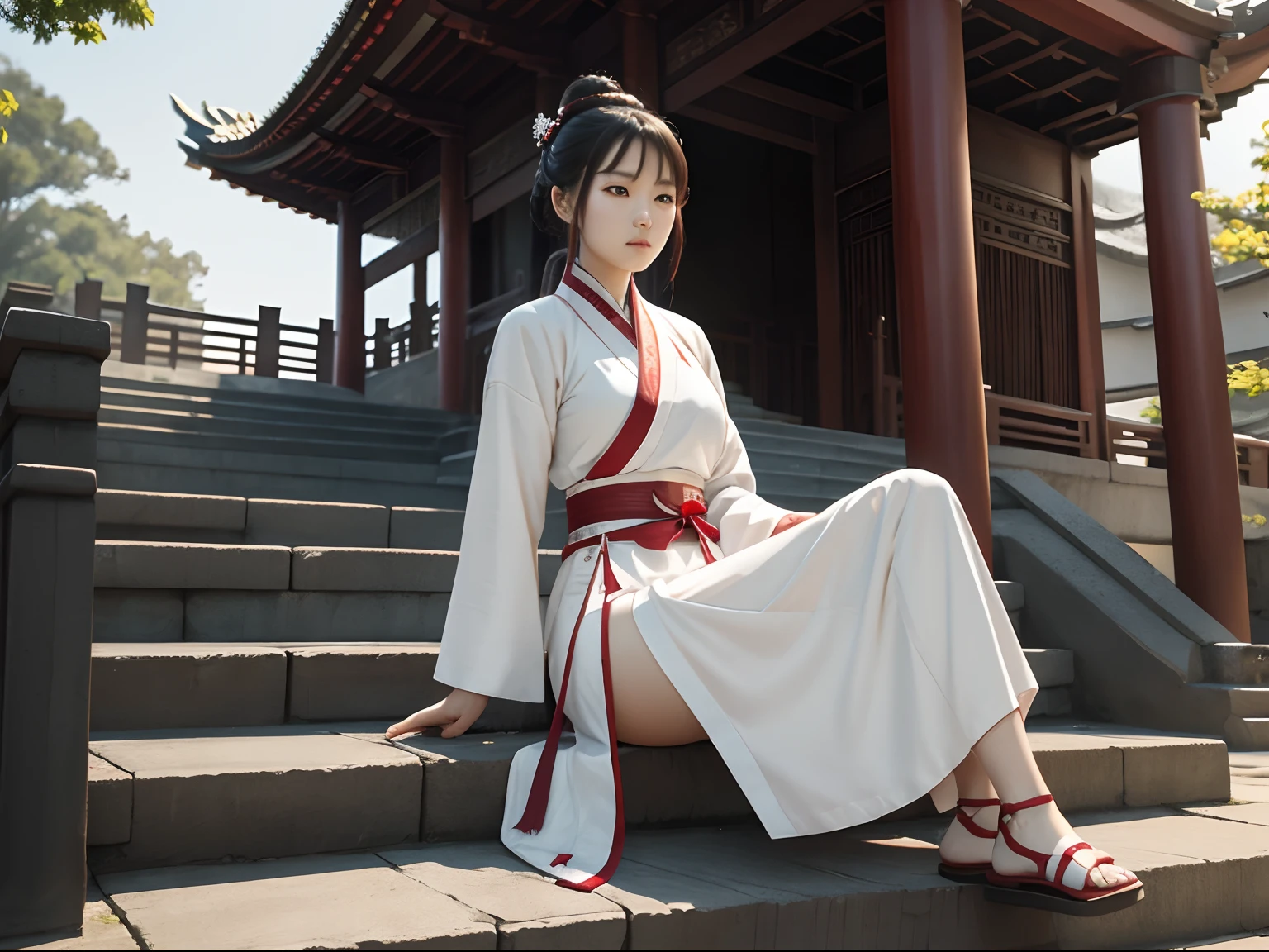 A woman who is,White Hanfu red belt,Sitting on the steps，natta，Broken temple,swordsmen,(tmasterpiece，best qualtiy，Complicated details)