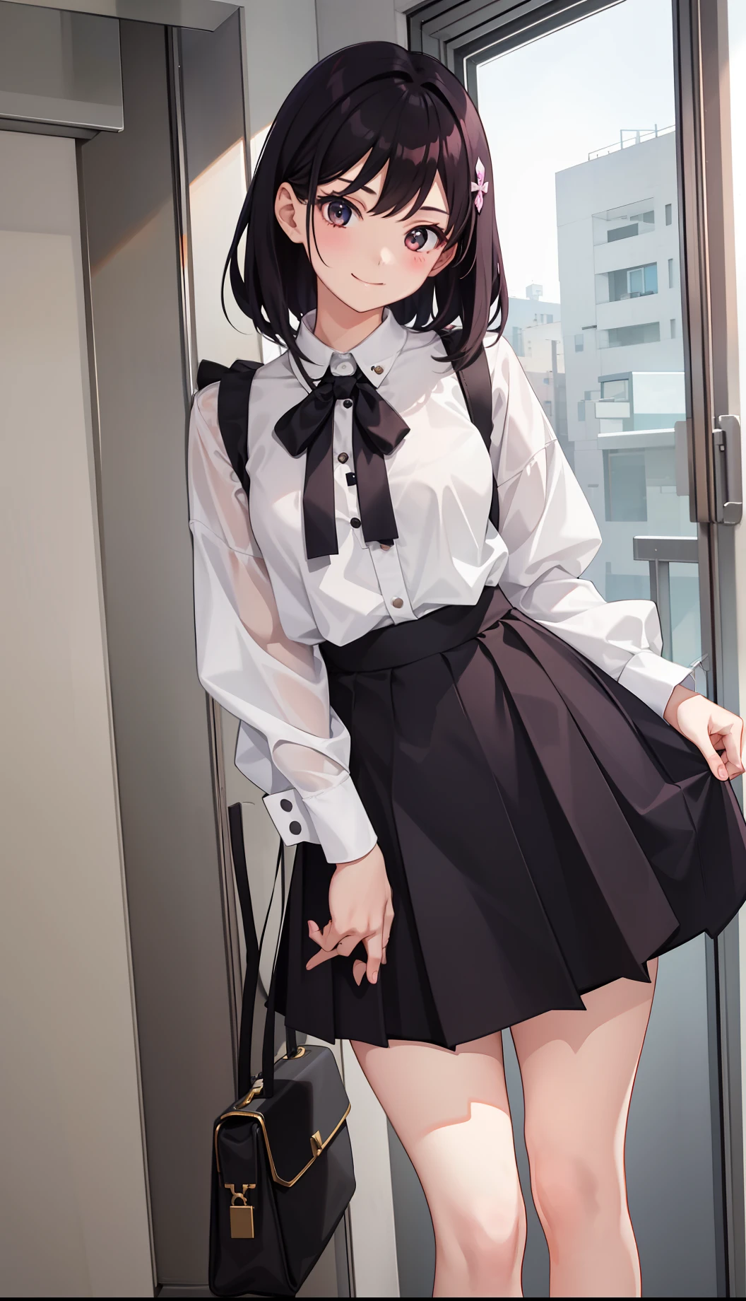 (short cute girl,small young student,young delicate girl),(masterpiece,Top quality),plaid mini skirt,lift skirt,black hair,twin tails,knee high
