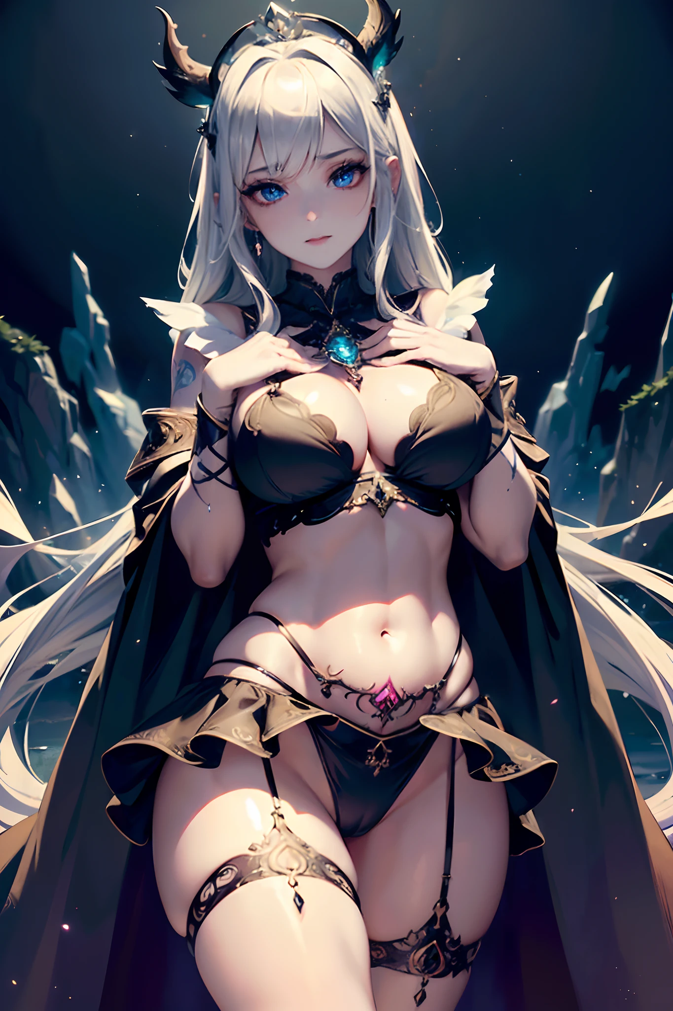 (Best quality,4K,8K,A high resolution,Masterpiece:1.2),Ultra-detailed,mystical ambiance,witch,Beautiful girl,The magic of ice and fire,Detailed eyes, Detailed lips,Extremely detailed eyes and face,Long eyelashes,Plug-in magic crystals,(Glowing magic symbol),flowing robe,wisps of smoke,The icy and blazing forest was destroyed,Intricate details,Creeping vines and roots,Night,Mist,Lighting effects,Ultra-tight clothing, ( Look straight through panties), ( Look through clothes), Magic pendant. (Fire). (Ice). (((Jewels set under the chest))), (((underbust))), (Sexy mini upskirt), , The buttocks are fully open, Glow lines on the hands, ((Jullie)), Luminous jewelry, Juicy buttocks are visible, slim hip, ((Glow eyes)), (Luminous headdress), ((A fallen former princess)), (Obscene lines), ((Red light crotch tattoo)), Inmoan, womb tattoo, Succubus tattoo. ( belly), navel, Princess, Transparent masks, Sheer cape dress, Jeweled garter belt for the bride, Beautiful bracelet