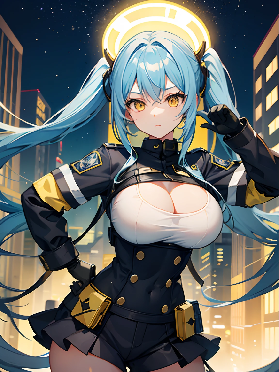 Long Hair, Twintail, Light Blue Hair, Yellow Eyes, Big Boobs, Tight Police Uniform, Nighttime, Holding A Helmet, Wearing Black Gloves