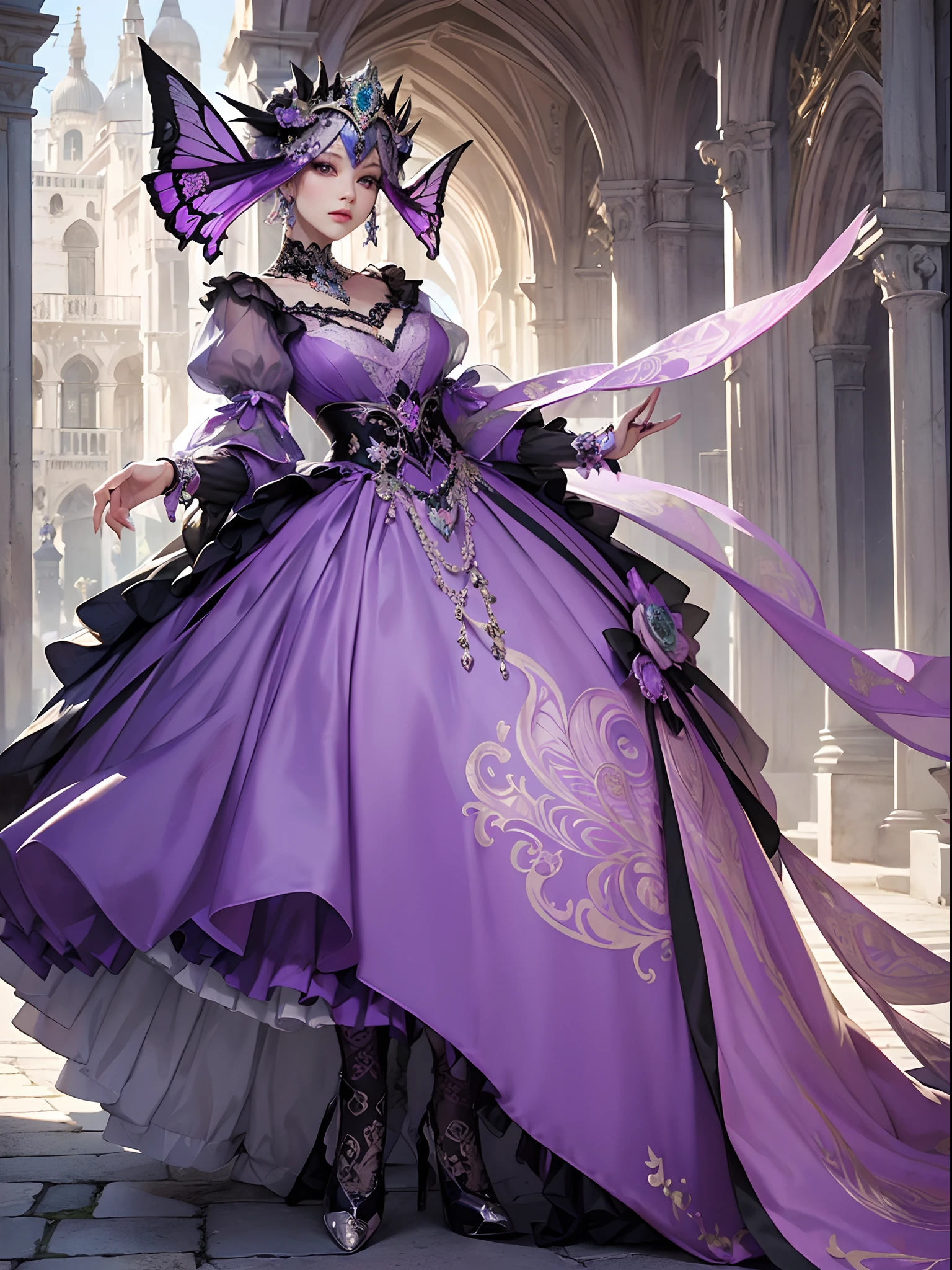 Purple and silver tones、Vibrant colors、((​masterpiece)))、(((top-quality)))、((ultra-detailliert))、(A hyper-realistic)、(highly detailed CGillustration）、Official art、Venice at the beginning of the 20th century、Decadent、Madame Papillon、Masquerade、Elegance、Masks that cover most of the face、Colorful and detailed mask design、matchless beauty、Fans、gorgeous dress、jewely、Perfect Angle、perfect-composition、looking left、full body Esbian