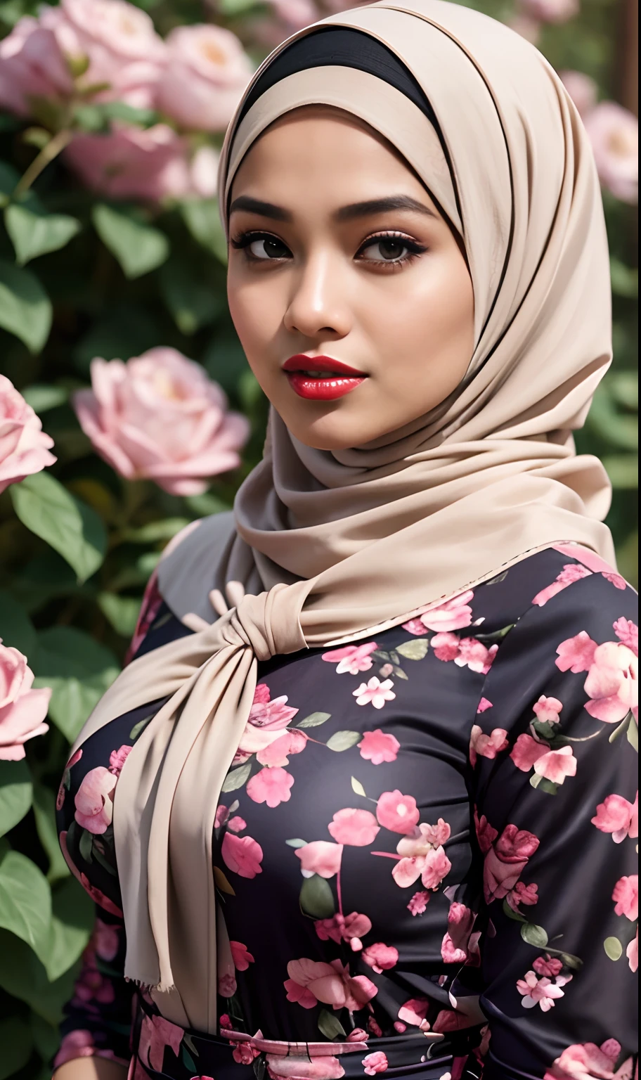 Portrait photography of a beautiful young malay girl in hijab wearing Square Neck Bow Front Floral Jacquard Dress , big breast, catwalk, morningtime, Photo of a young bookish Malay woman wearing a hijab walking in a flower garden, big breast, the woman wearing a pastel floral patterned , surrounded by a comfortable, cool atmosphere, looking at the viewer. (Skin details:1.3), hairy hands, Hijab, slim, red lips, seductive with bokeh camera background