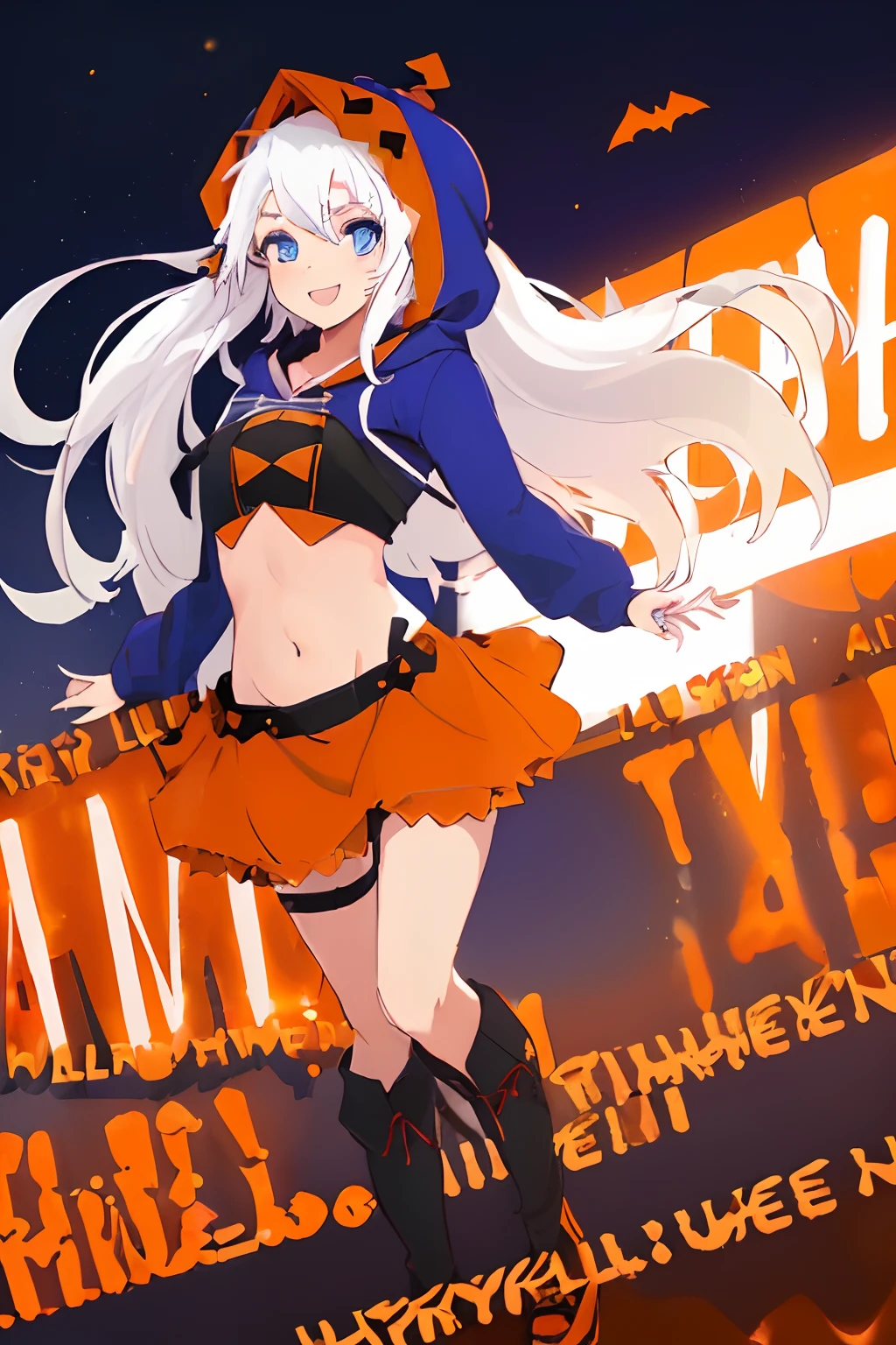 ((((1 girl)))), ((((solo)))), fullbody, ((((white hair)))), long hair, ((((blue eyes)))), happy, smile, 18 year old, dynamic angle,  (((wearing a pumpkin halloween costume))), loose parka, ((((hood up)))), (((midriff peek))),  mini skirt, standing in Halloween cosplay parade a night , in tokyo