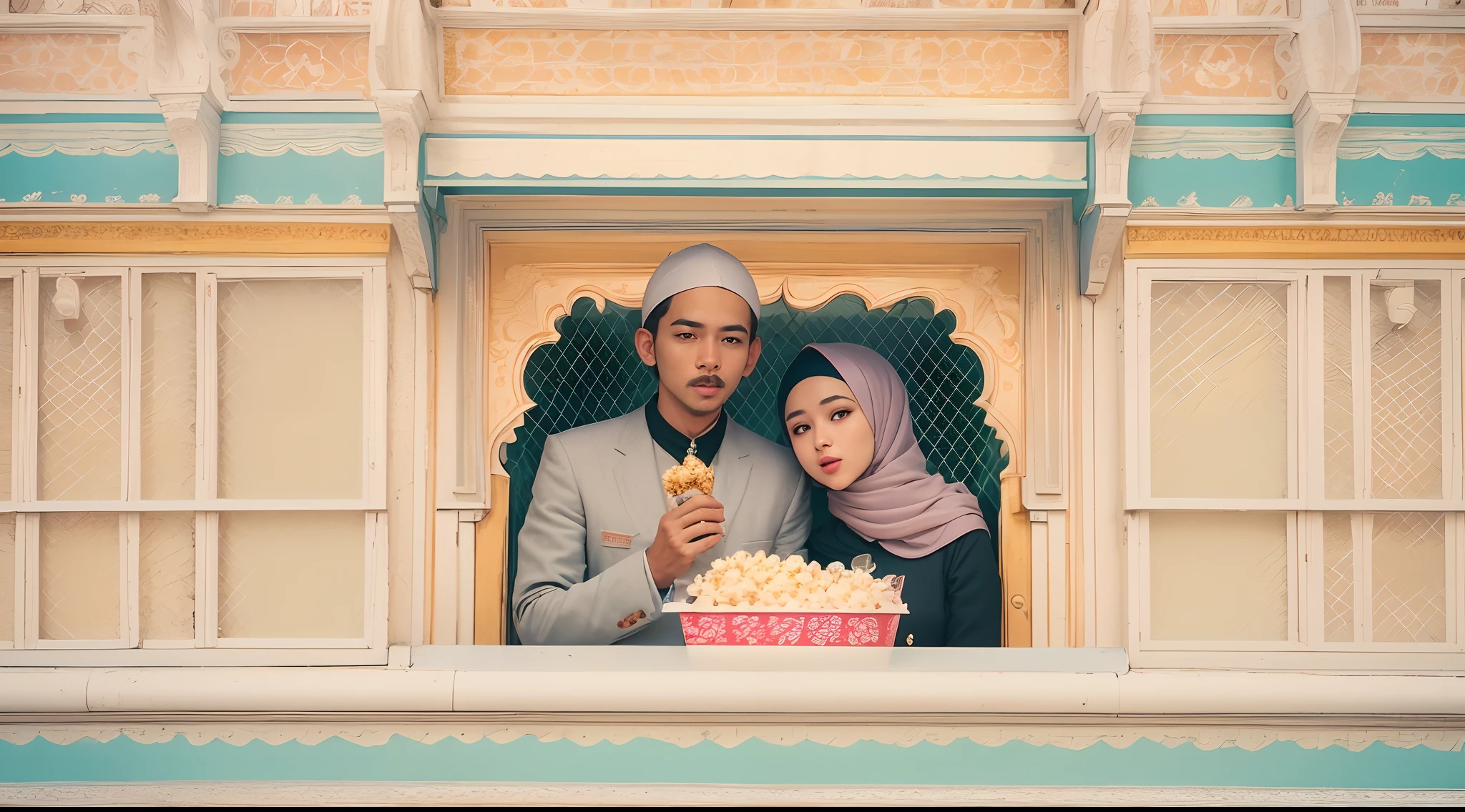 Quirky scene | Symmetrical framing | Nostalgia | Vintage cinema | 1 Malay girl in hijab and 1 malay man as a couple eating popcorn and surprised with mouth opened | Cinema front view | Pastel colors | in the style of Grand Budapest Hotel directed by Wes Anderson , 50mm lense, handheld shot camera angle, High Contrast cinematography effect, Natural Lighting, vibrant color grading, high quality, ultra detail, 8k resolution,