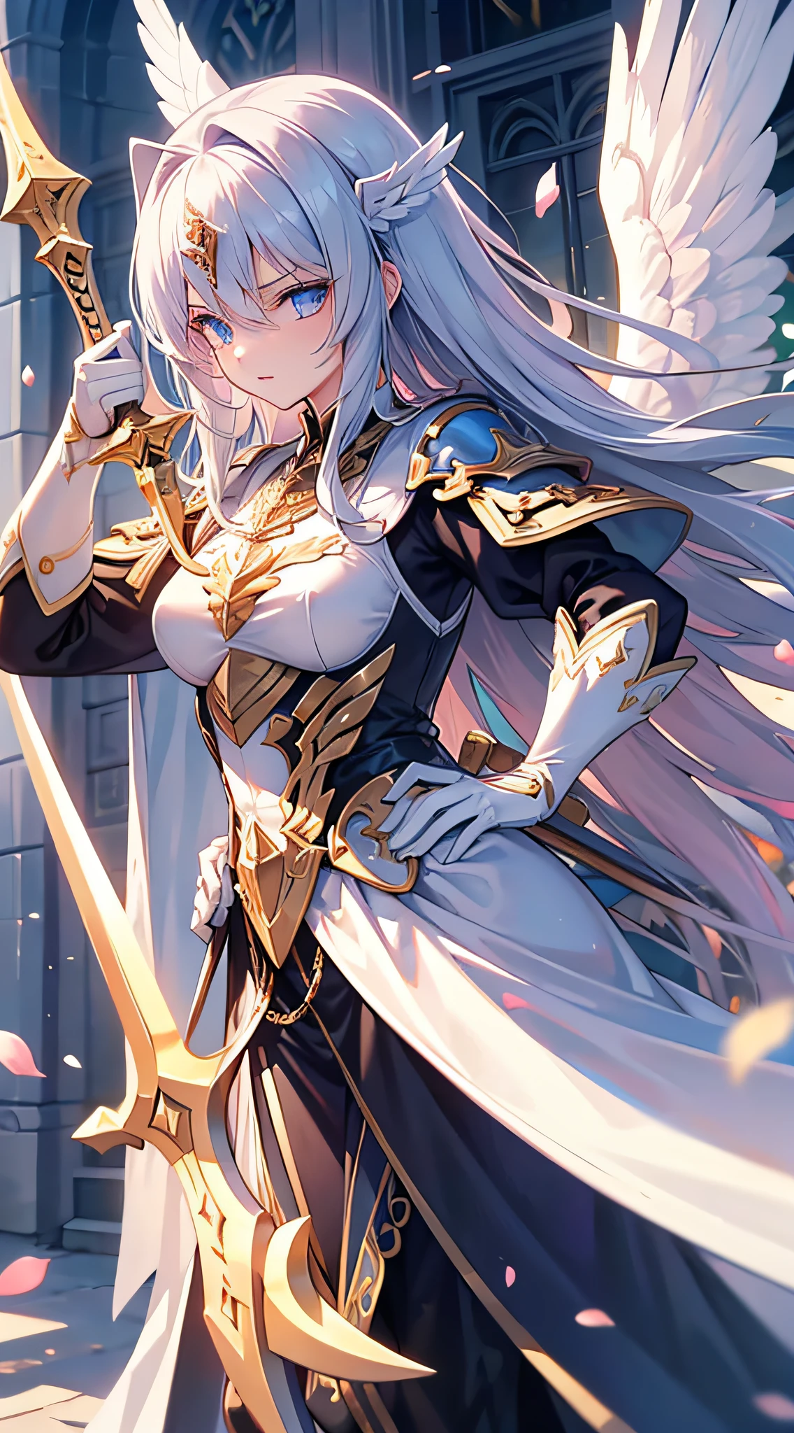 angelicales,wings,holy sword,Cloak,Girl in battle stance