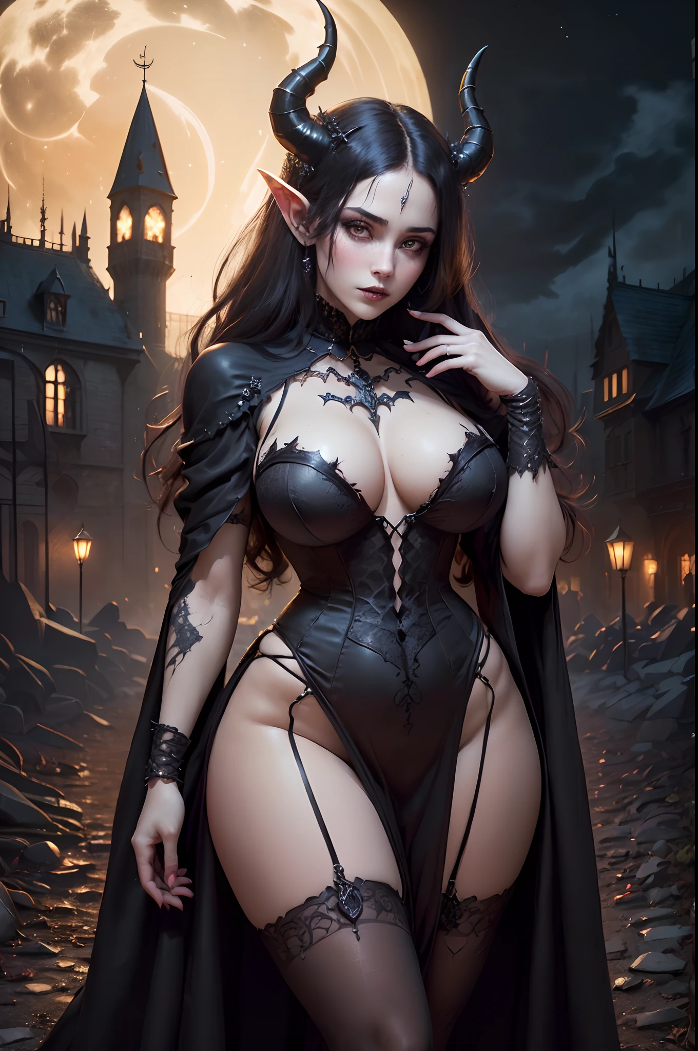 3/4 portrait, (a beautiful young woman as Goddess of lust:1.25), (gothic black long gown:1.5), (demoness with Large horns:1.25), (1 super sexy succubus with flayed skin:1.5), (((empty fantasy dark castle in the background, night time))), fantasy art, high detail, best quality, masterpiece, finely detail, insanely detailed, intricate,