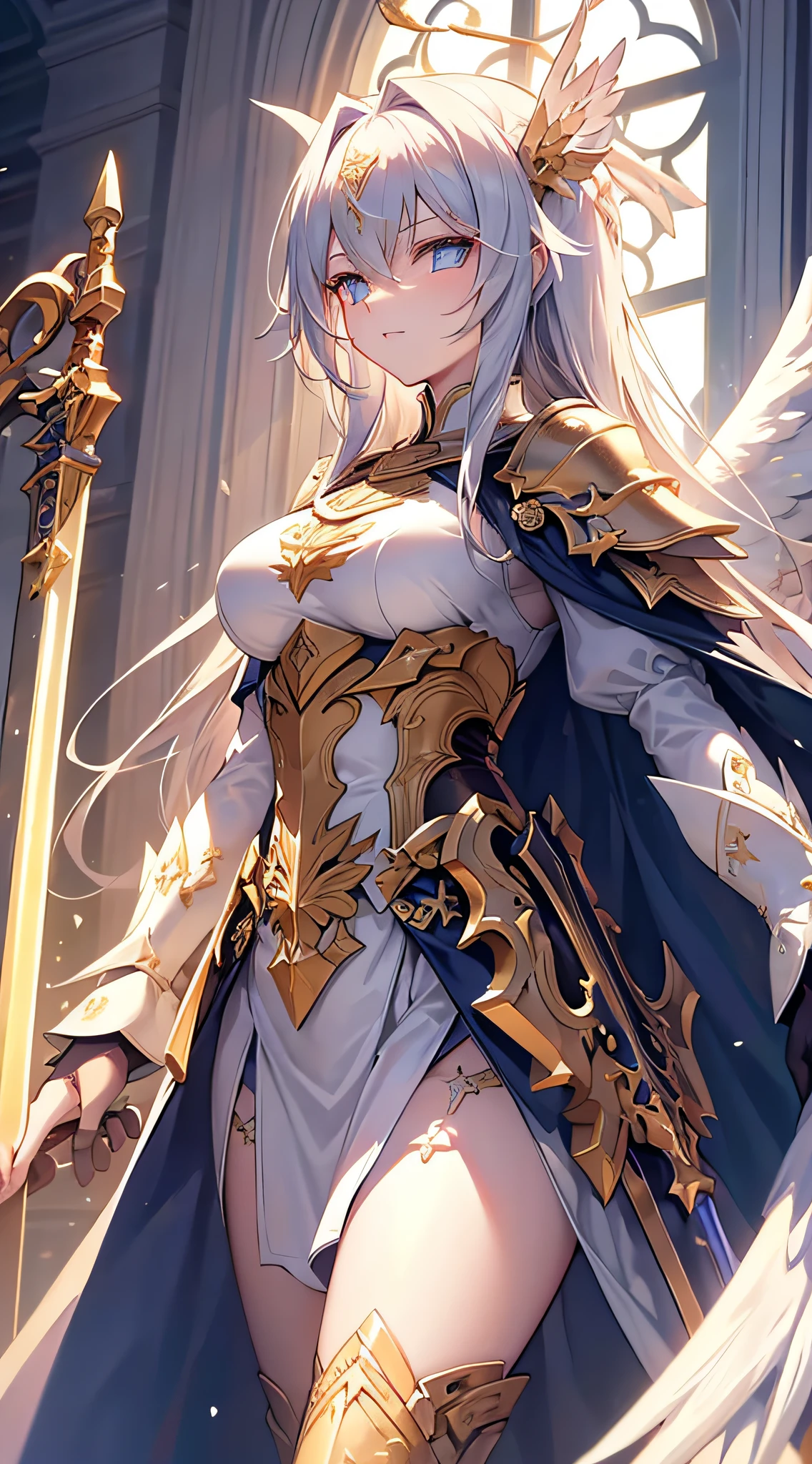 whole body, Silver Haired Girl, Golden Eyes, Angelic body and face, And a miniskirt with blue crystal armor, Wield a spear, Wear a cloak, shield, With gold ring, Sitting on the blue sky throne, White Seraphim Wings, evening, and dawn background scene, Magic circle with diamond stars, An innocent smile, Stable Diffusion v5, Anime Style V3, Lola Style v5, dynamic, Image Enhancement, Shape of a dream, Vibrant, Realistic Face, 32k resolution, Deluxe, Sharp focus, Highest quality, masterpiece, GhostMix, Flat Color, flat light.