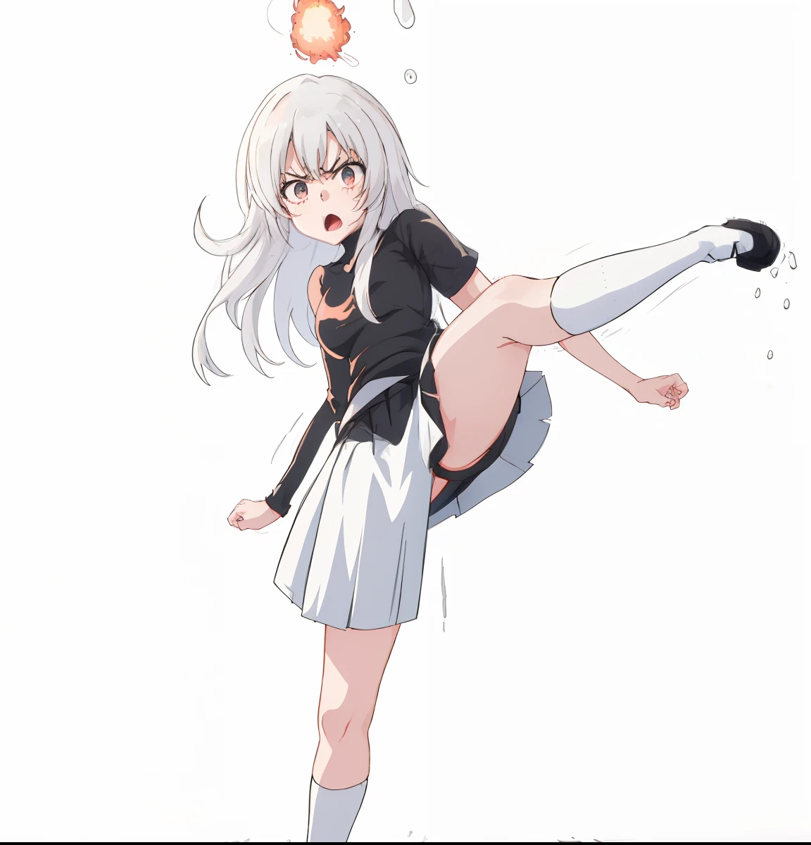 Long Black Hair Girl Black Shirt Black Miniskirt Position Hitting an Angry Left Kick