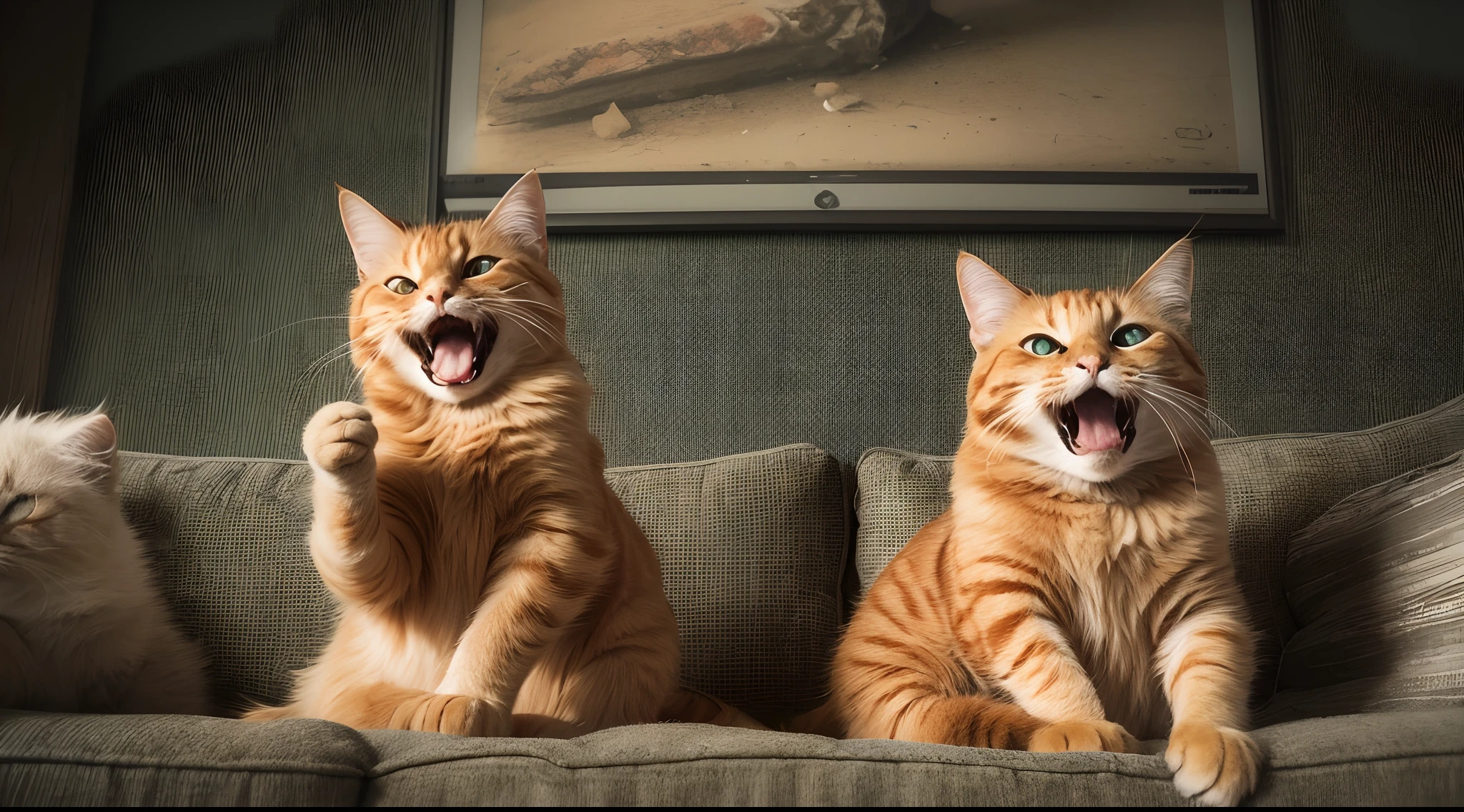 A photo of two orange cats sitting on a sofa watching TV while holding and eating burger, happy cat, laughing, 30mm lens, Low angle shot, Desaturated color grading, High Contrast cinematography effect, Tungsten light, light shadows, indie film, high quality, ultra detail, 8k,