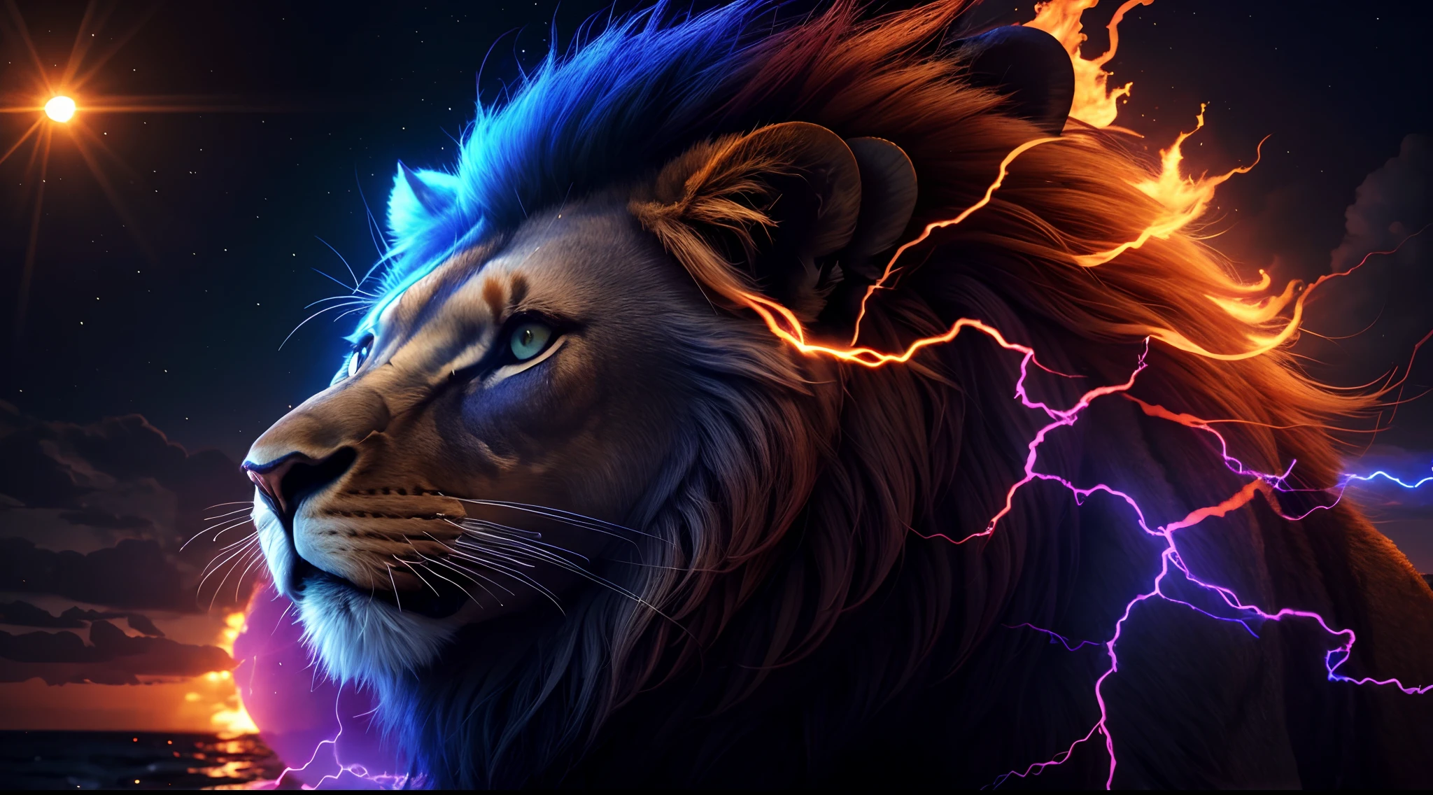 Lion, Divine thunders, Eletric Power, in fire, Divine Fire, Natureza, Natureza, Linda, renderizado, fotorrealista, UltraHD, 4k, texturasdetalhadas, thunders, sombras detalhadas, cores detalhadas, por do sol, sol se pondo, Sunset, Natureza Linda, Great Divine, por do sol, contraste detalhado, contraste realista, alta resolução, cores detalhadas, fogo, eletricidade, divina criatura, 8k, Detailed Realistic, 16K, 8K, HD