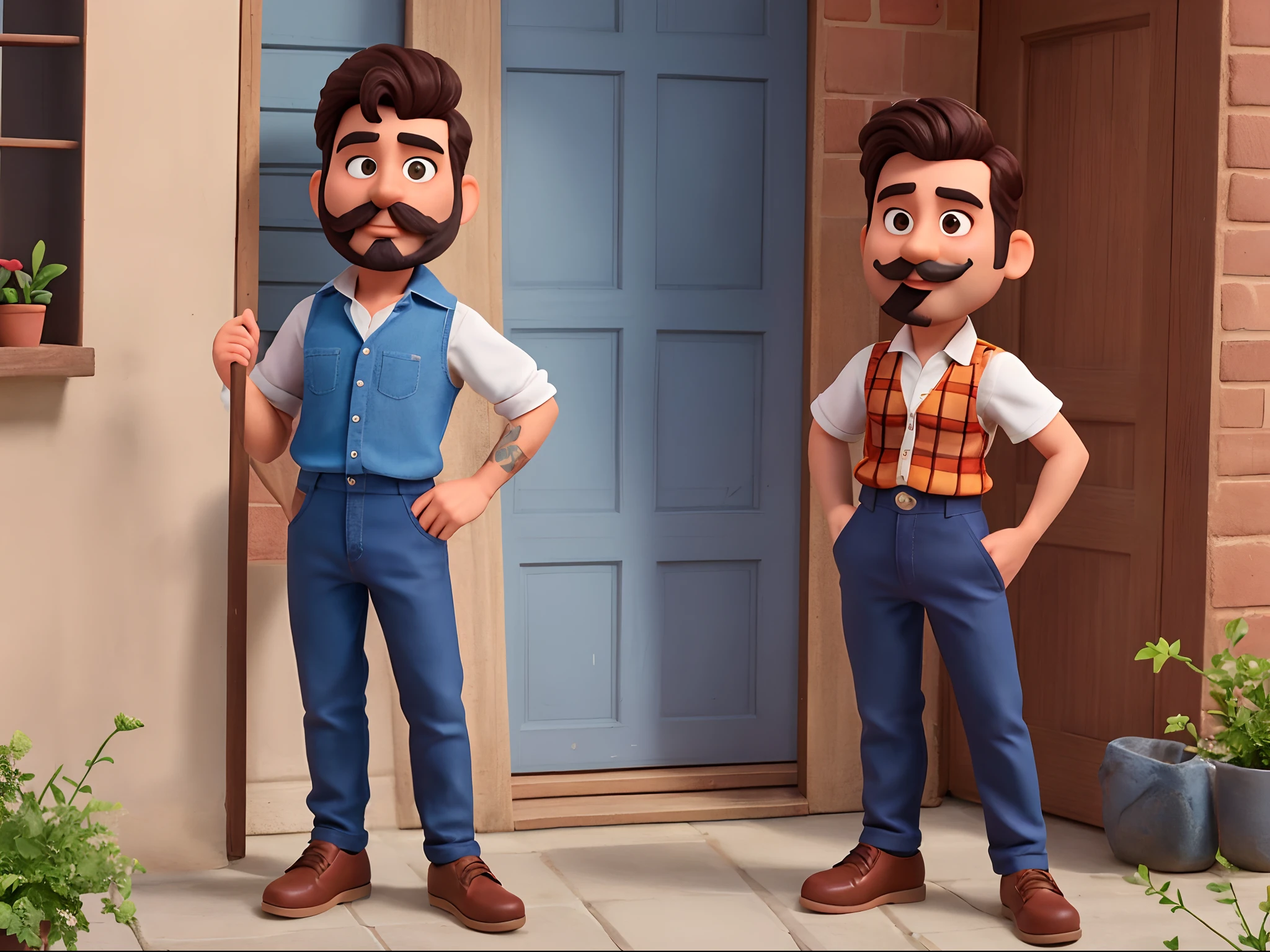 Make a Pixar Character. Homem branco de trinta anos, com bigode preto, barbicha e cavanhaque preto, cabelo liso castanho penteado de lado, Wearing sleeveless plaid blue button-down shirt, hoop earrings on ears fire tattoo on left arm, olhos castanhos, formato de rosto quadrado, sorrindo de boca fechada, Black pants and brown shoes. He's standing on top of a building.
