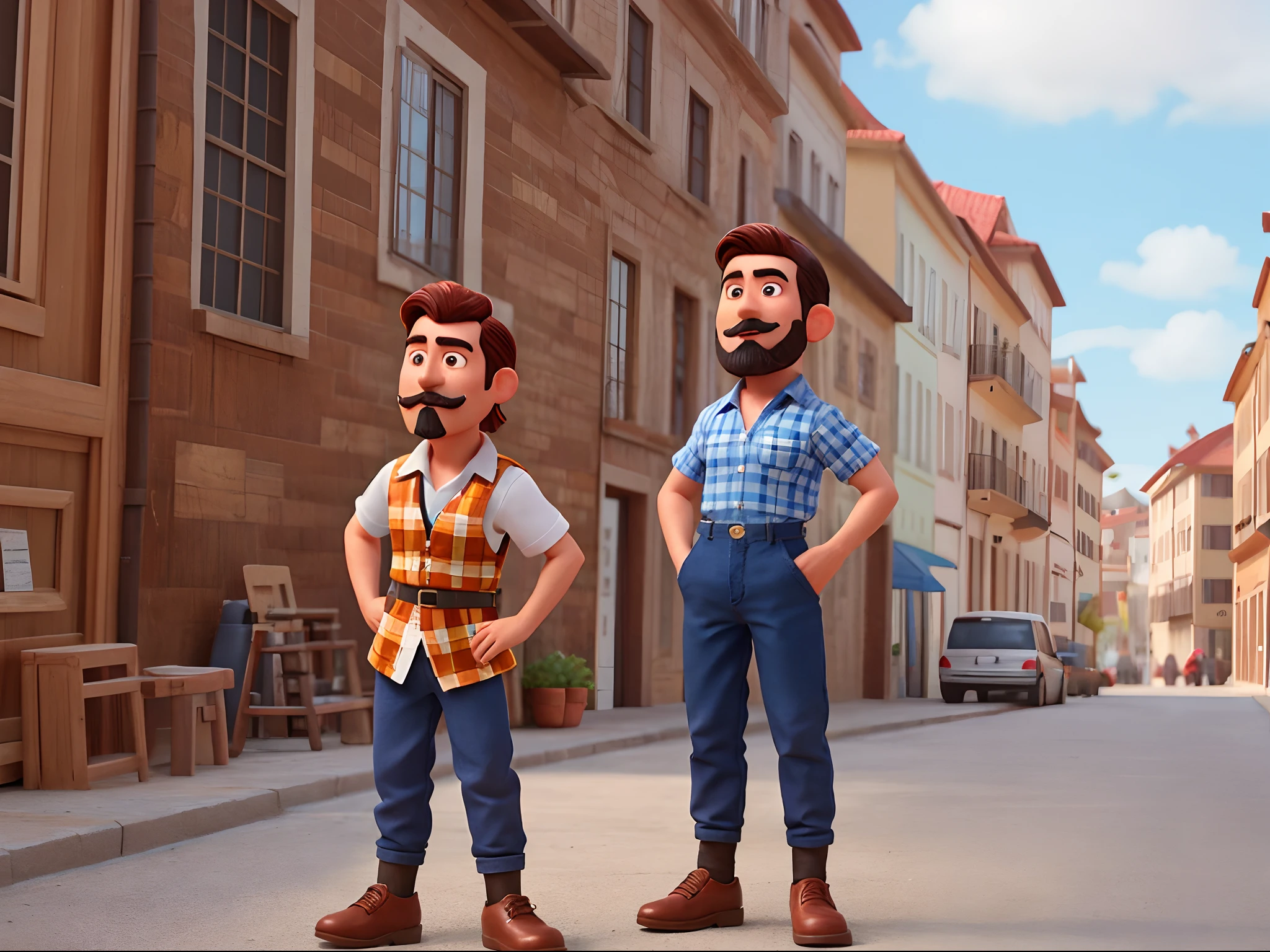 Make a Pixar Character. Homem branco de trinta anos, com bigode preto, barbicha e cavanhaque preto, cabelo liso castanho penteado de lado, Wearing sleeveless plaid blue button-down shirt, hoop earrings on ears fire tattoo on left arm, olhos castanhos, formato de rosto quadrado, sorrindo de boca fechada, Black pants and brown shoes. He's standing on top of a building.