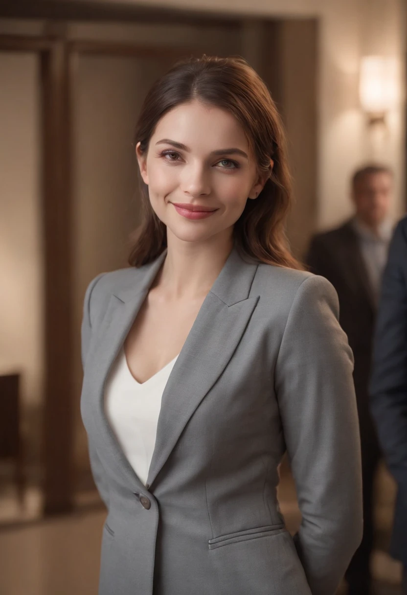 Cinematic portrait , Smiling, Facing the audience, (reality :1.3), A European and American woman looks at the camera, Put on an office career suit, Detailed beautiful face, Action shooting, office backdrop, The character is centered，Realistic photos, Art Station Movie Lighting:1.2， 8K, High-density imaging，Master masterpieces