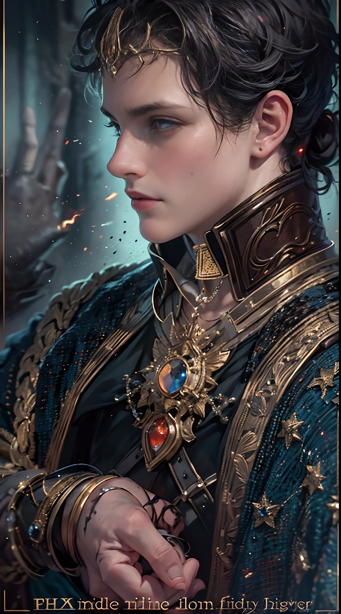 (HighestQuali:1.3),Cinematic lenses,tmasterpiece,(sharp fokus:1.5),(Fidelity:1.3),Describe a young king of the Roman Empire,180 AD,(Joaquin Phoenix(Joaquin Phoenix)as Commodus(Imperial pride),with short black hair,年轻,30 age old,Dressed in a blue king's robe with intricate embroidery,Dressed in aristocratic armor,Crown on head,)Several torches were lit on the wall,Give the scene a dark atmosphere,Reflects the brutal character,But in chiaroscuro it shapes the body),it's night time,(Highly fine skin),(Fine face),detailed back ground,Dark lighting,Twilight illumination,Volumetriclighting,Complicated details,hyper HD,bloody,brutal,Insidious ,dirty,usurper,