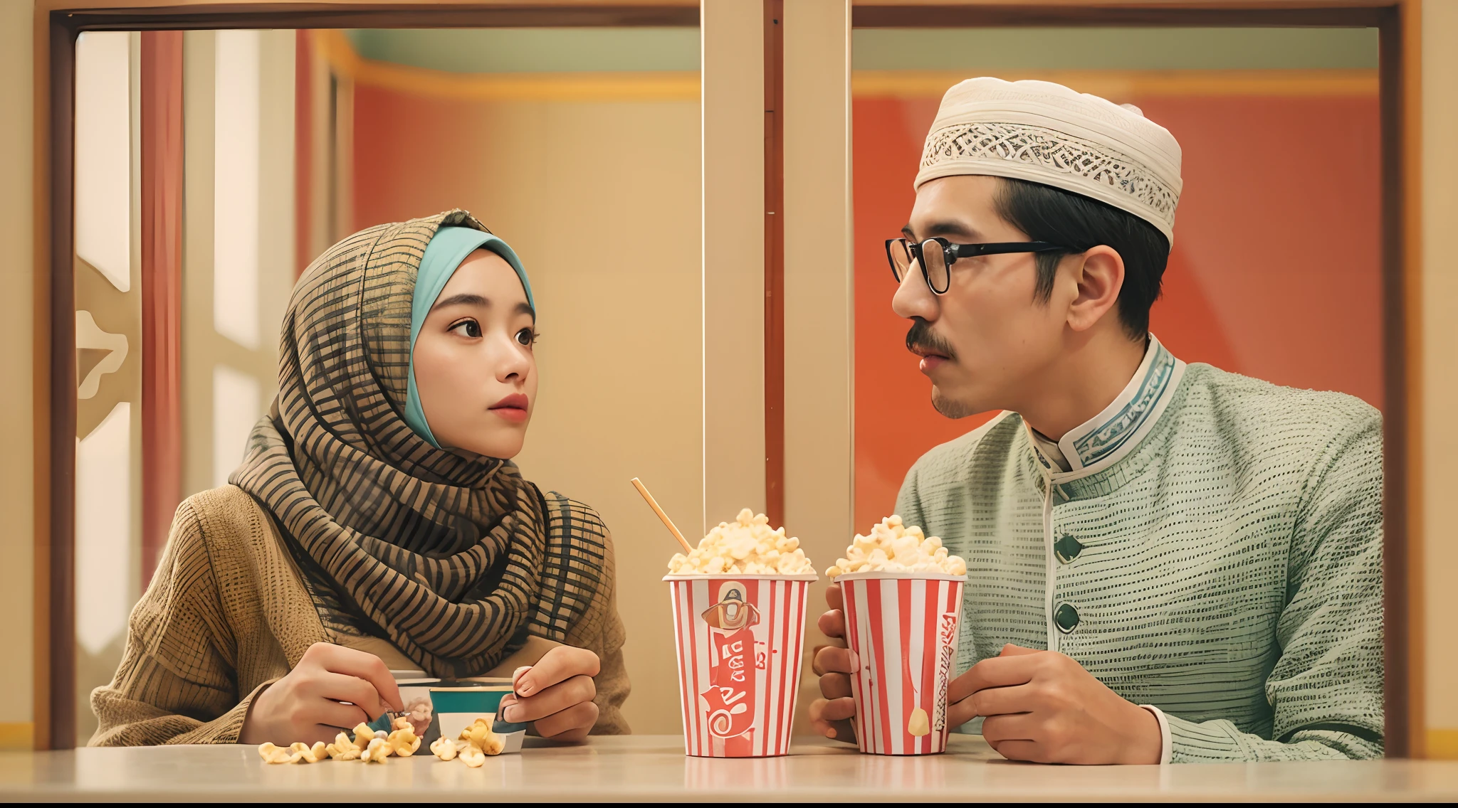 Quirky scene | Symmetrical framing | Nostalgia | Vintage cinema | 1 Malay girl in hijab and 1 malay man as a couple eating popcorn and surprised with mouth opened | Cinema front view | Pastel colors | in the style of Grand Budapest Hotel directed by Wes Anderson , 50mm lense, handheld shot camera angle, High Contrast cinematography effect, Natural Lighting, vibrant color grading, high quality, ultra detail, 8k resolution,