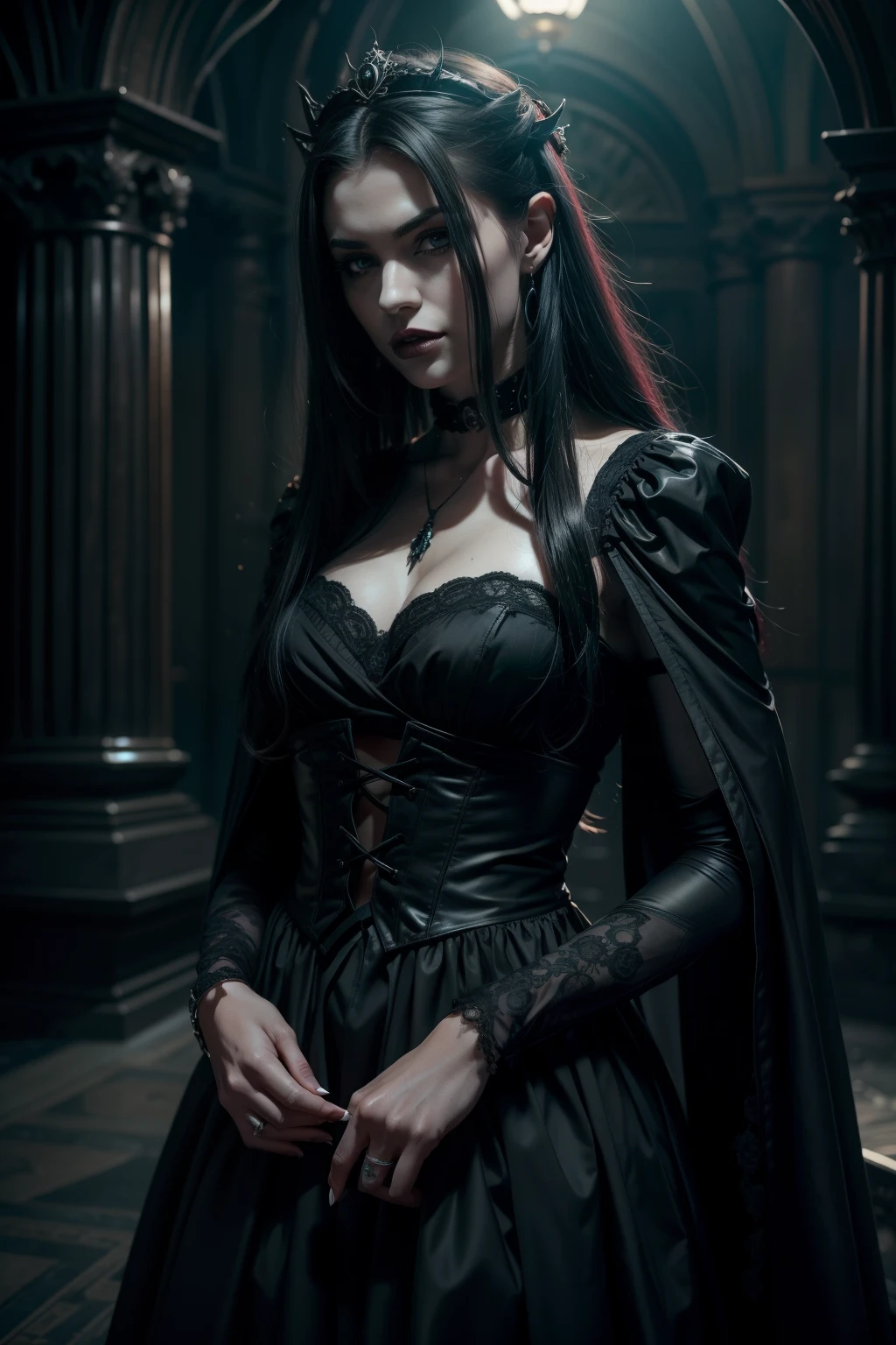 Create the image of a beautiful vampire who has just woken up from a deep sleep,The other is a noble and elegant Jedi girl ,Beautiful Seductive Colorless Eyes, A vampire should be depicted as an elegant and powerful creature,They have a long period, Cheveux fluides et traits angulaires,Their skin should be pale and flawless,With a touch of otherworldly subtlety。Vampires' eyes must be deep and alluring,With a predatory glow,Allude to their insatiable greed for blood,(They should wear erotic clothing that is both modern and timeless.),His style alludes to the long history of human life,When they wake up from a deep sleep,Les vampires doivent montrer une confiance calme,Exudes an aura of danger and intrigue,The background should be shrouded in shadow,Only a hint of moonlight pierced the darkness,Entre les mains des vampires,Il devrait y avoir une petite fiole de sang,Based on their latest kills,Vampires should be satisfied and slightly uncomfortable with their hunger,As if they were aware of the danger they pose to those around them,Gothic art style,Ultra-realistic realism,Psychedelic surrealist art,surreal psychedelic design,Dream Art Style,Psychedelic Art of Illusion,Quality Quantity, texture de la peau, Intricate details, (lighting cinematic), Photo brute, 8k,(Bandeau rose noir), (Tenant Black Rose), Tir de cowboy