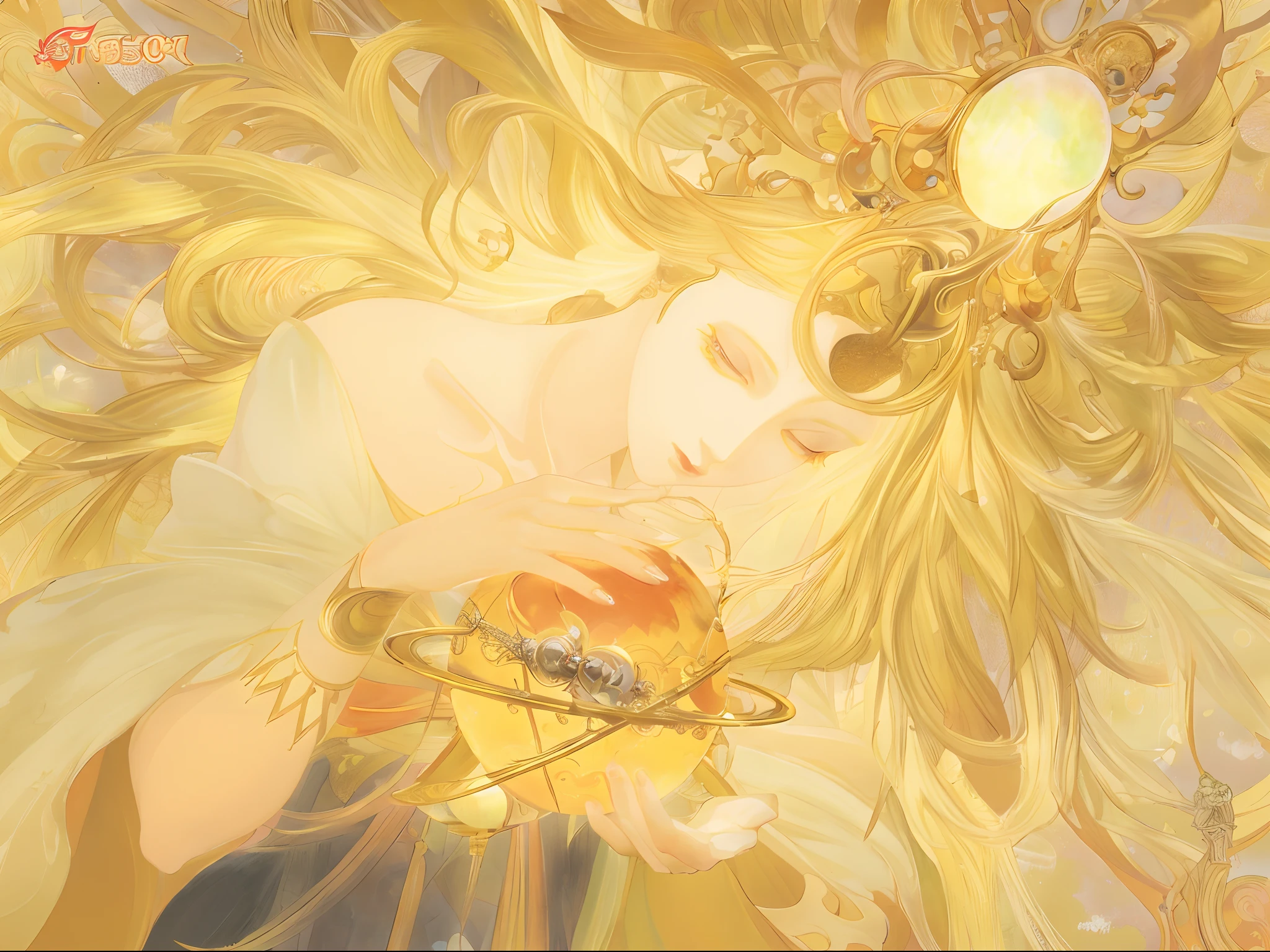 Blonde woman holding a planet in her hand, the sailor galaxia. Goddess of the sun, Digital art on Pixiv, Goddess of Light, as the goddess of the sun, zerochan art, trending on artstation pixiv, Alphonse mucha and rossdraws, Beautiful celestial mage, Anime goddess, Beautiful anime artwork