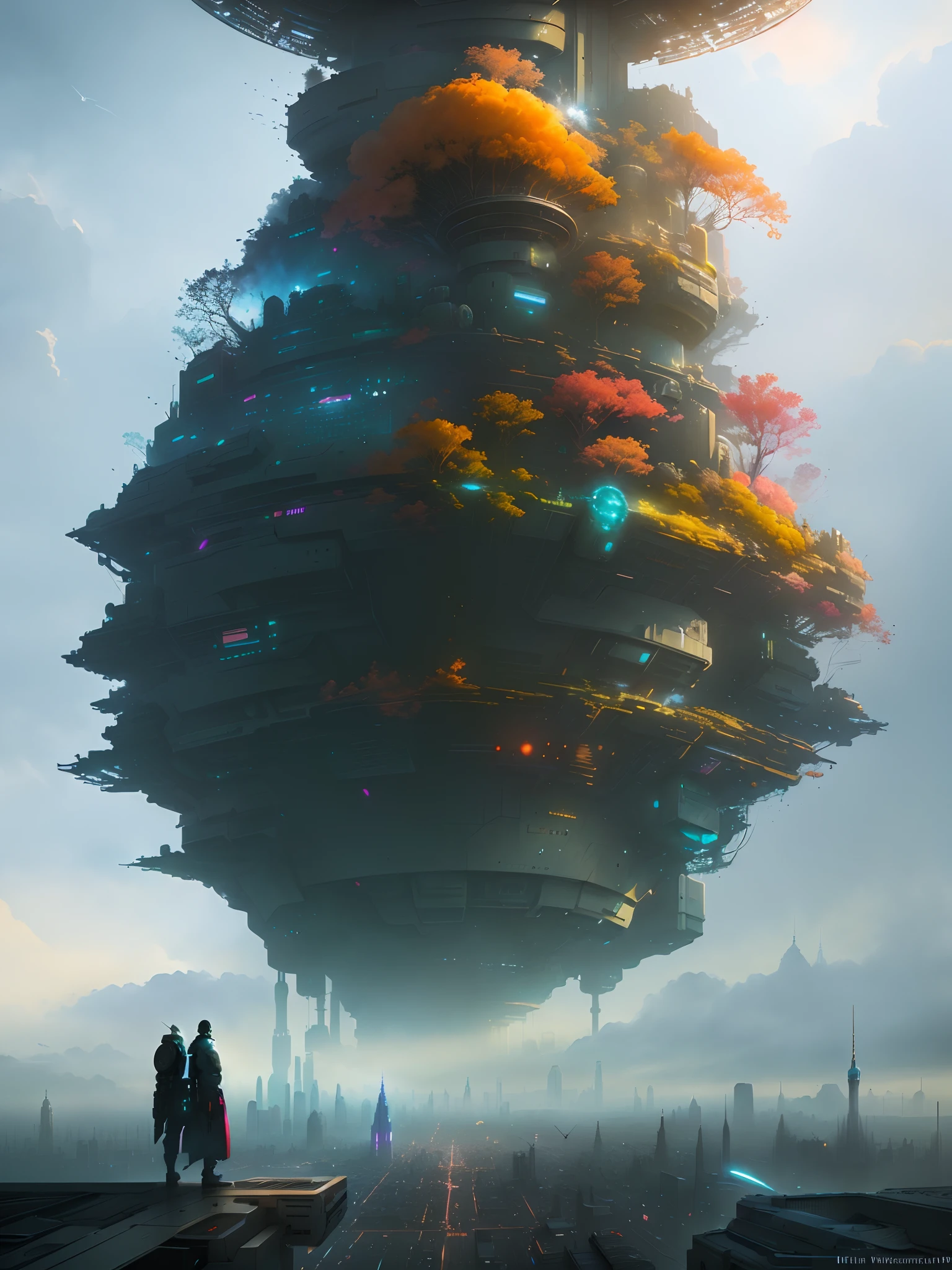 watercolor,futuristic city with a giant tower with a lot of colorful clouds, paul lehr and beeple, inspired by Paul Lehr, 3 d render beeple, by Beeple, bastien grivet, artem demura beeple, inspired by Mike "Beeple" Winkelmann, by Mike "Beeple" Winkelmann