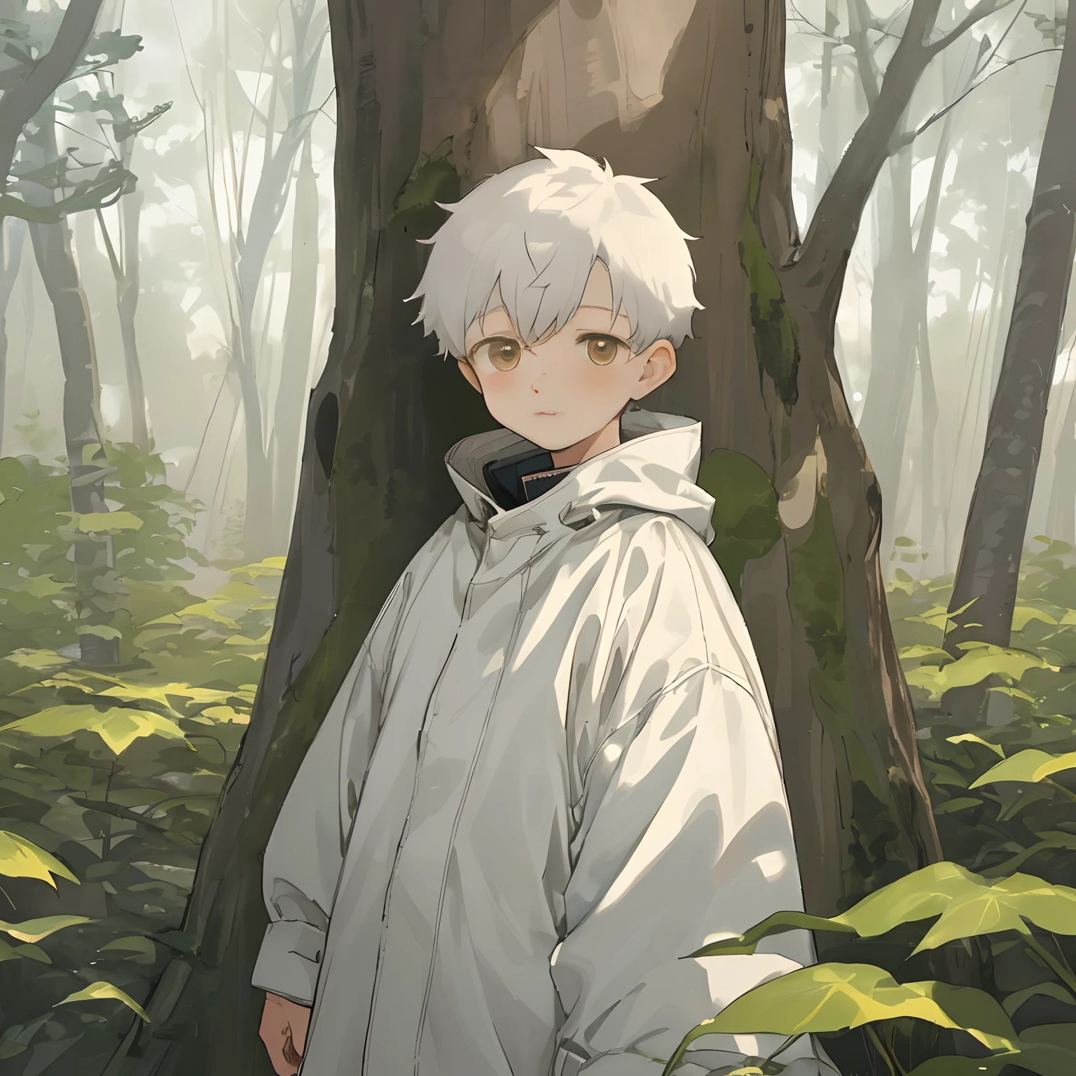 the woods,parka,Oversize,Oversize,Male child,White Shorthair,White eyes,short round face,short round face,Boy's face,Young face,short torso,Juvenile torso,young age,young age,younge boy,younge boy,finely detaild face,Oversize,toddlers,1 meter