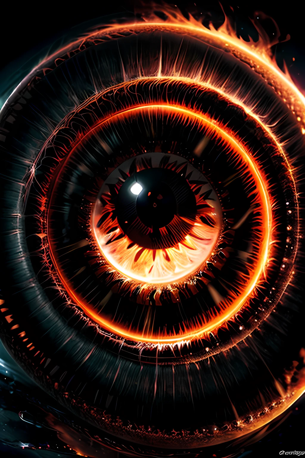arafed, high details, best quality, 16k, [ultra detailed], masterpiece, best quality, (extremely detailed), dynamic angle, ultra wide shot, RAW, photorealistic, a extreme magnified picture of (1) fiery eye of a black devil, red iris, a full black moon, round moon being reflected on the iris, 3D rendering, [[anatomically correct]] zrpgstyle