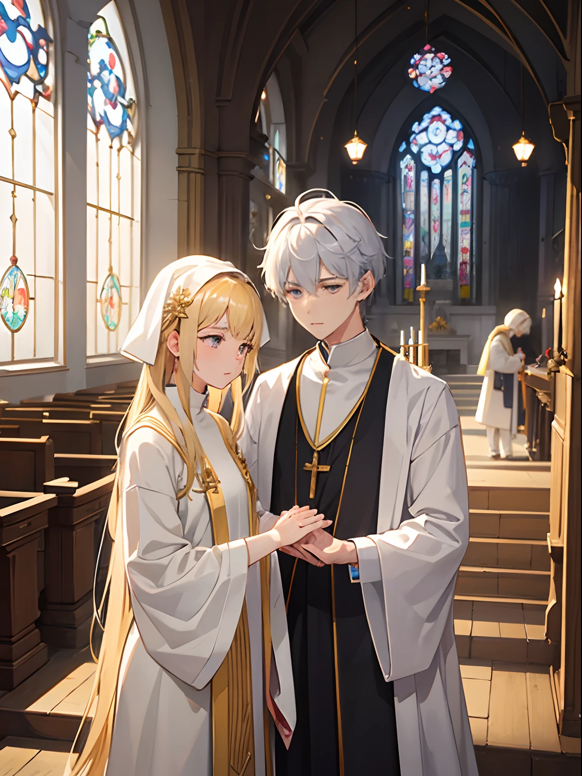 Men and women in their 20s、man 1、Female 1、Both are priests、Holy Church、divine atmosphere、Illuminated by sunlight、Both men and women are praying、femele（a blond、Semi-long）、male people（silber hair、short-cut）