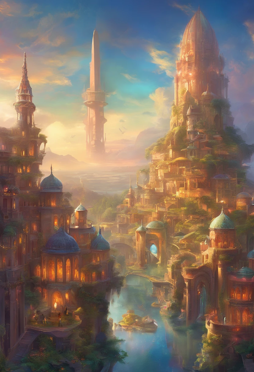 Sidon Style、Sky City、futuristic cities、Utopian world、Great color with gloss、Prosperous building、Luxury clothing and architectural design、Luxurious architecture、The future of utopia、Highly detailed HDR、perfect、Stunning progressive architecture、The perfect world、Reflective surfaces、Underground scattering、Perfect building、Beyond imagination、8K、Global Illumination、wide angles、Divine Rays、World of Dreams