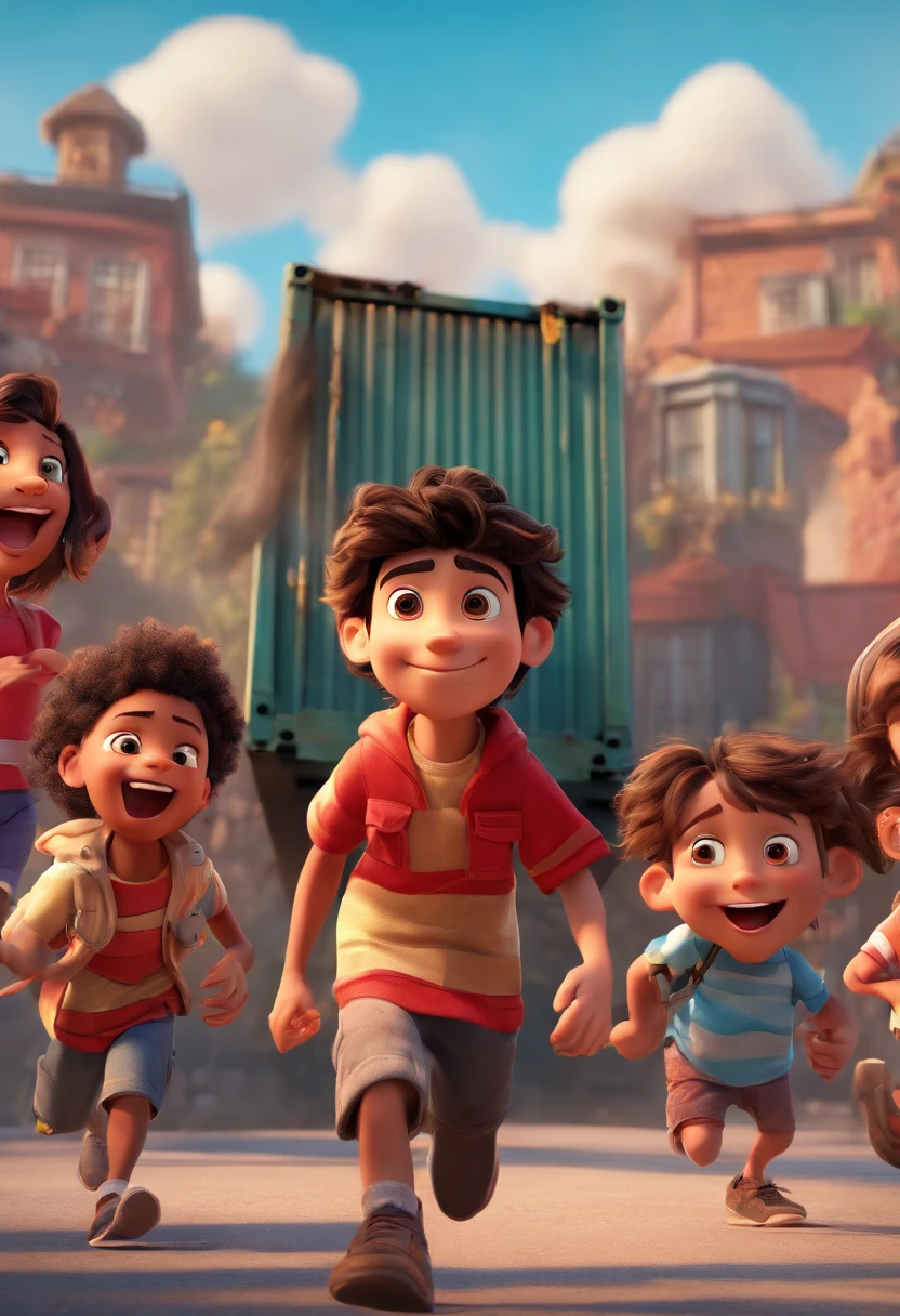 A 3D animation Disney Pixar Image lookalike featuring 10 brown children desperately running from a burning container and a black vulture vulture character with crossed arms and a red and black horizontally striped shirt in front with a smile