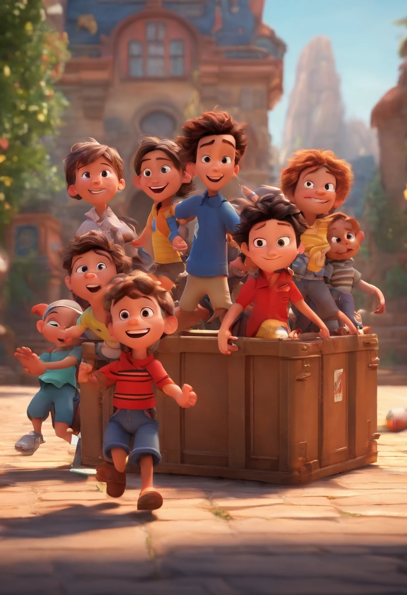 A 3D animation Disney Pixar Image lookalike featuring 10 brown children desperately running from a burning container and a black vulture vulture character with crossed arms and a red and black horizontally striped shirt in front with a smile