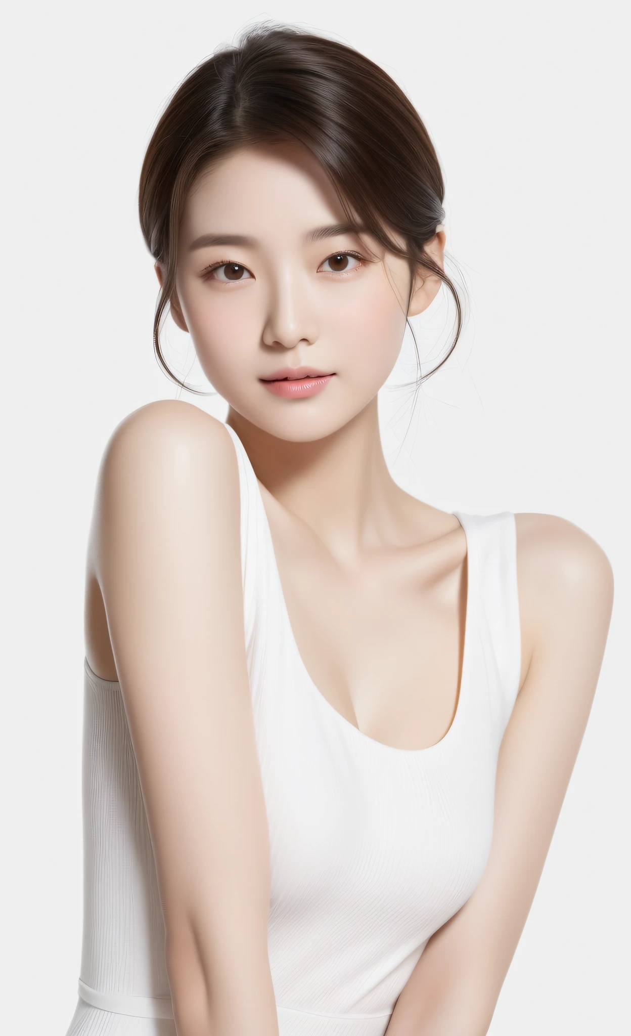 Realistic photo of 1 cute Korean star, Medium hair, Meticulous hair, White skin, thin makeup,,wearing white outfit, Close-up portrait, hyper HD,frontage,Forehead exposed,Full forehead,Don't obscure the character,Model the face,with light glowing,Face the camera head-on,,Youth and beauty,Do not cover your body,The upper part of the body,pale robe,White dress,
