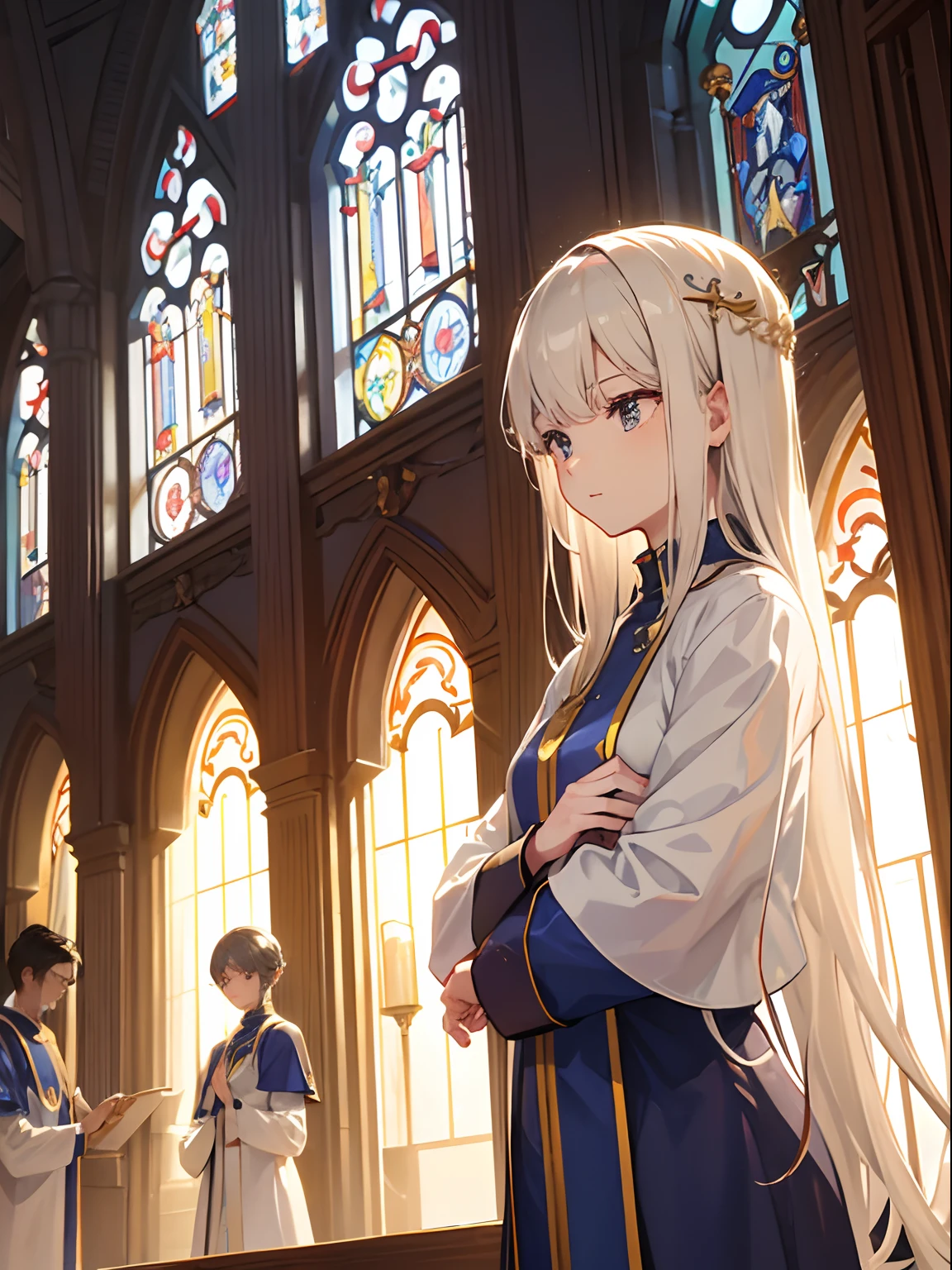 Men and women in their 20s、man 1、Female 1、Both are priests、Holy Church、divine atmosphere、Illuminated by sunlight、Both men and women are praying、femele(a blond、Semi-long)、male people(silber hair、short-cut)