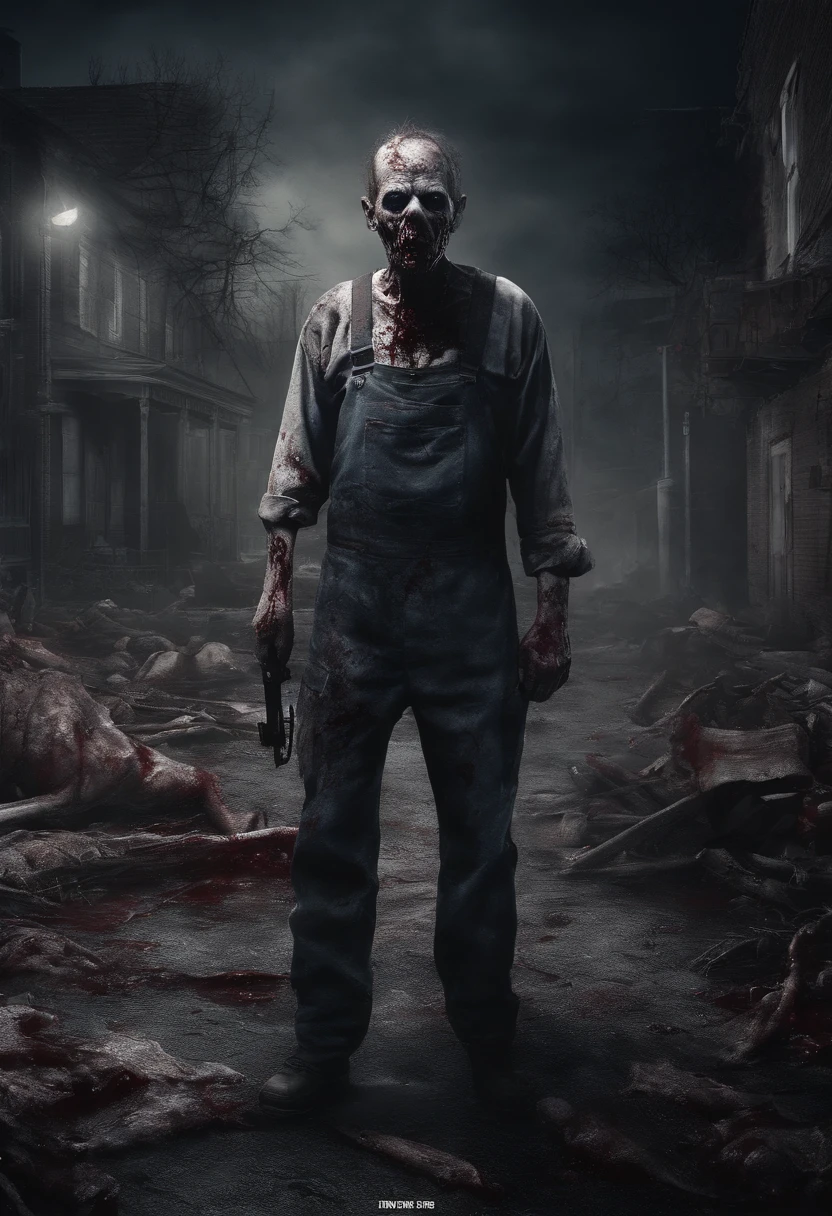 zombie horror poster, tattered overalls, bloodshot eyes, clean teeth, drool, piles of corpses, town covered in blood. (best quality, 4k, highres:1.2), ultra-detailed, (realistic:1.37), post-apocalyptic, gritty, dark color palette, atmospheric lighting.
