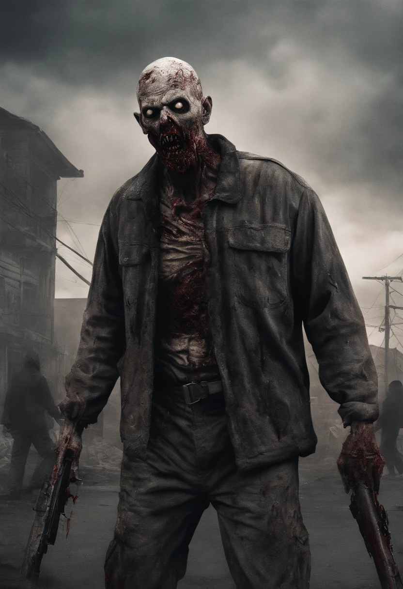 zombie horror poster, tattered overalls, bloodshot eyes, clean teeth, drool, piles of corpses, town covered in blood. (best quality, 4k, highres:1.2), ultra-detailed, (realistic:1.37), post-apocalyptic, gritty, dark color palette, atmospheric lighting.