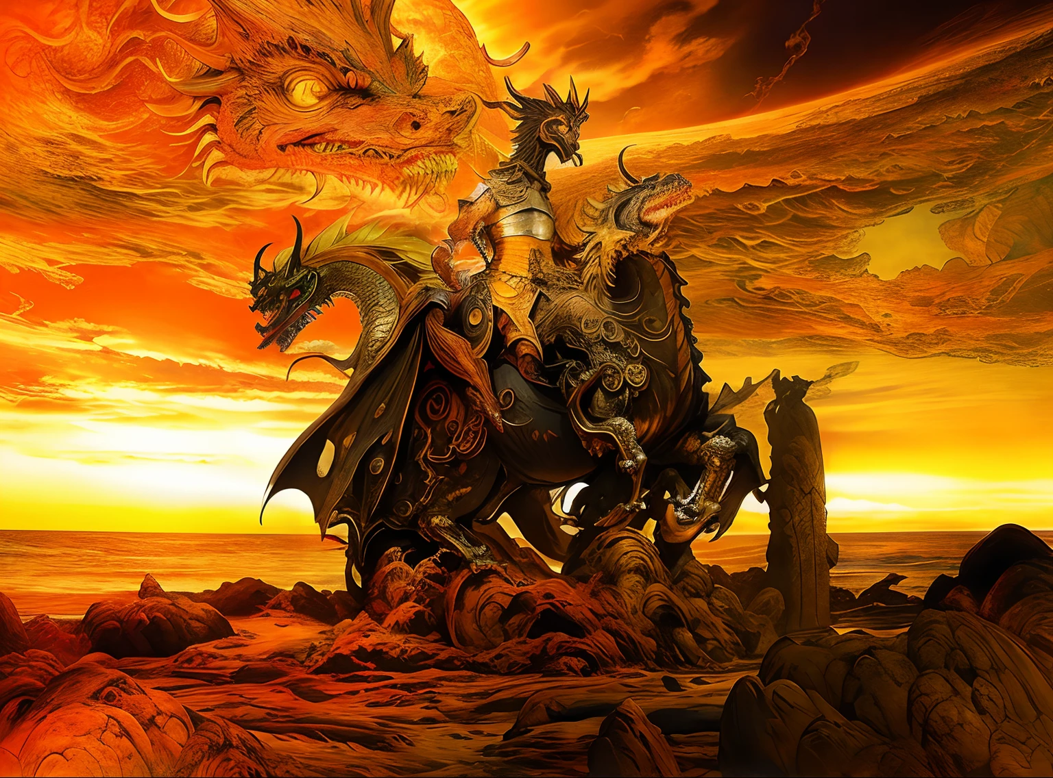 there is a statue of a man riding a horse on a beach, deathwing, alduin, king ghidorah, amazing d & d dark sun art, the devil in hell as a dragon, colossal dragon in background, dragon made out of molten lava, godrays at sunset, giant kaiju dragon monster, inspired by Noriyoshi Ohrai