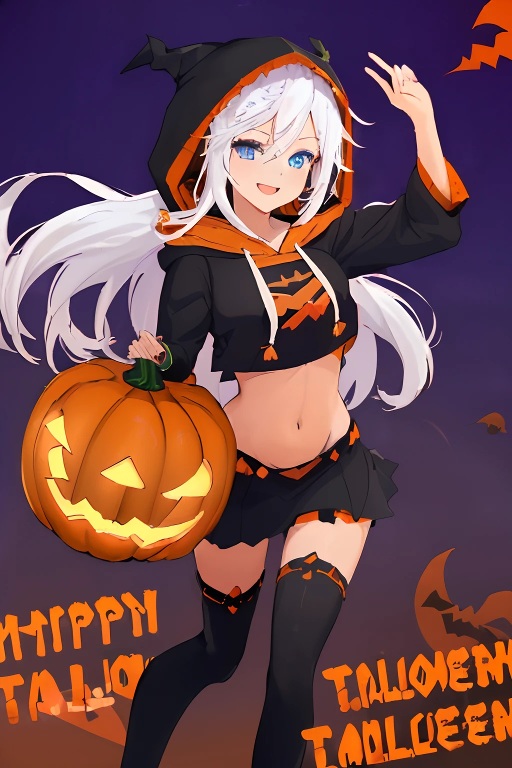 ((((1 girl)))), ((((solo)))), fullbody, ((((white hair)))), long hair, ((((blue eyes)))), happy, smile, 18 year old, dynamic angle, (((wearing a pumpkin halloween costume))), loose parka, ((((hood up)))), (((midriff peek))), mini skirt, standing in Halloween cosplay parade a night , in tokyo