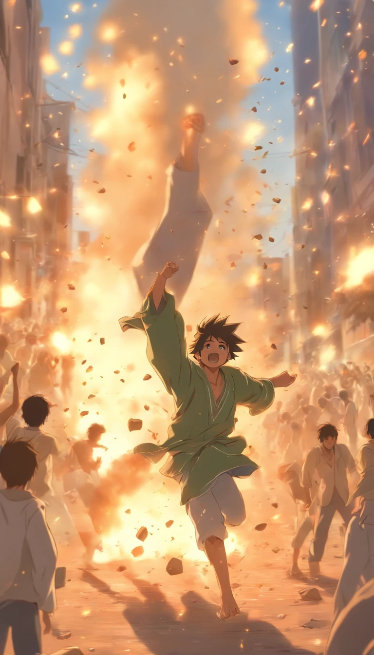 Young Arab men throw stones during the riots. ,32K, Best quality, Masterpiece, Super detail, High details, By Makoto Shinkai ,in the style of the stars art group xing xing, --niji 5"