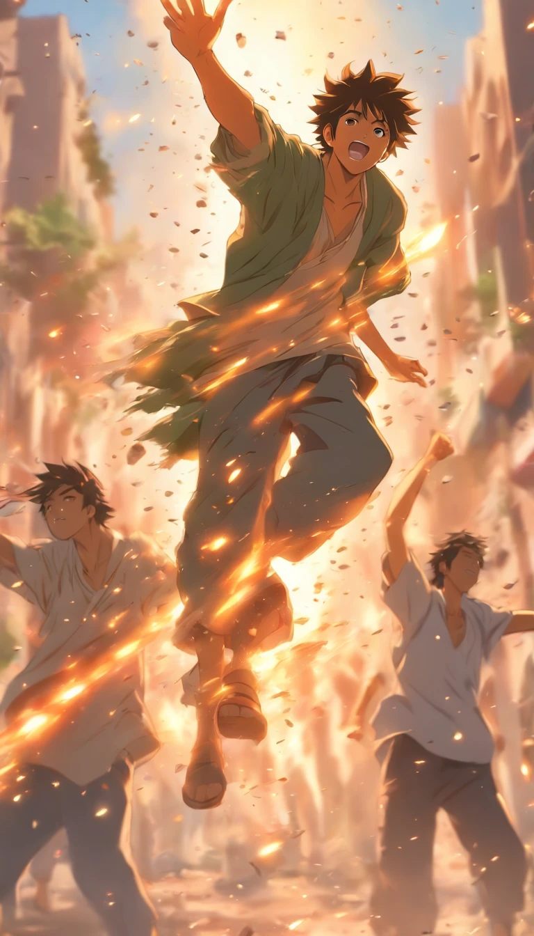 Young Arab men throw stones during the riots. ,32K, Best quality, Masterpiece, Super detail, High details, By Makoto Shinkai ,in the style of the stars art group xing xing, --niji 5"