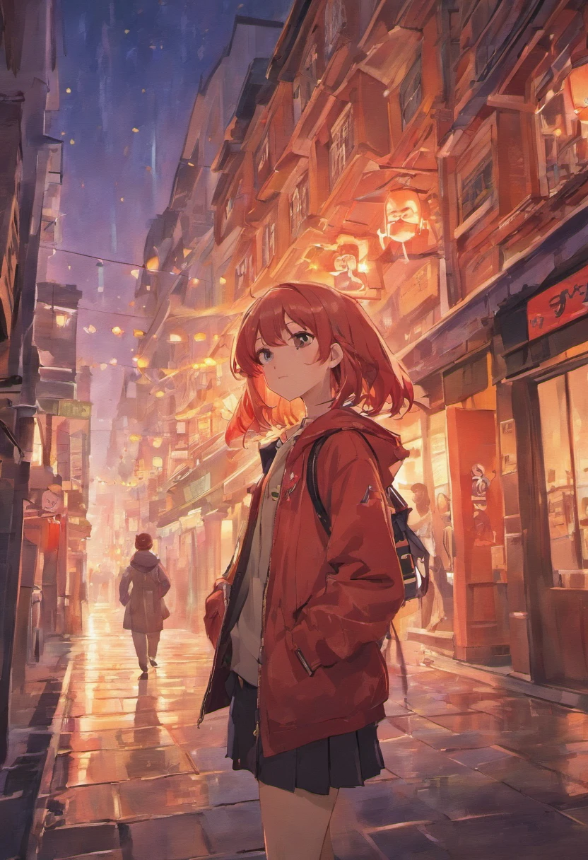 Mountainside,Red brick building,Big maple tree,Clean the pavement,Fallen leaves,autumnal,The girl in purple in the early morning,Light yellow tone,super-fine,Carefully portrayed,high qulity,8K,