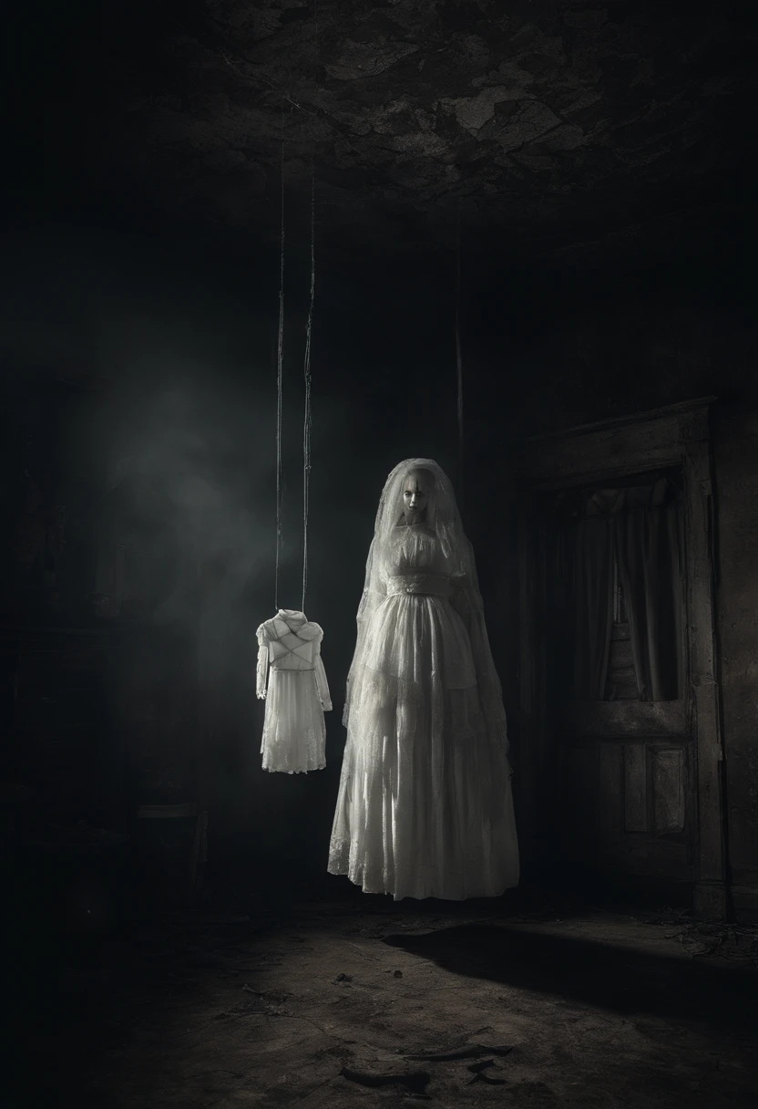 una casa de terror oscura , abandonado, dolls scattered on the floor, pretty chica standing in front wearing white long dress face unexpressive pale skin nice body red baloons very beautiful face cute nice body shape hermosa, Lugar oscuro, pelo negro, pelo largo, chica, no make up teenager rostro femenino、cuerpo femenino、con cara redonda、a small face、mejillas suaves、mirando a la camara、descuido