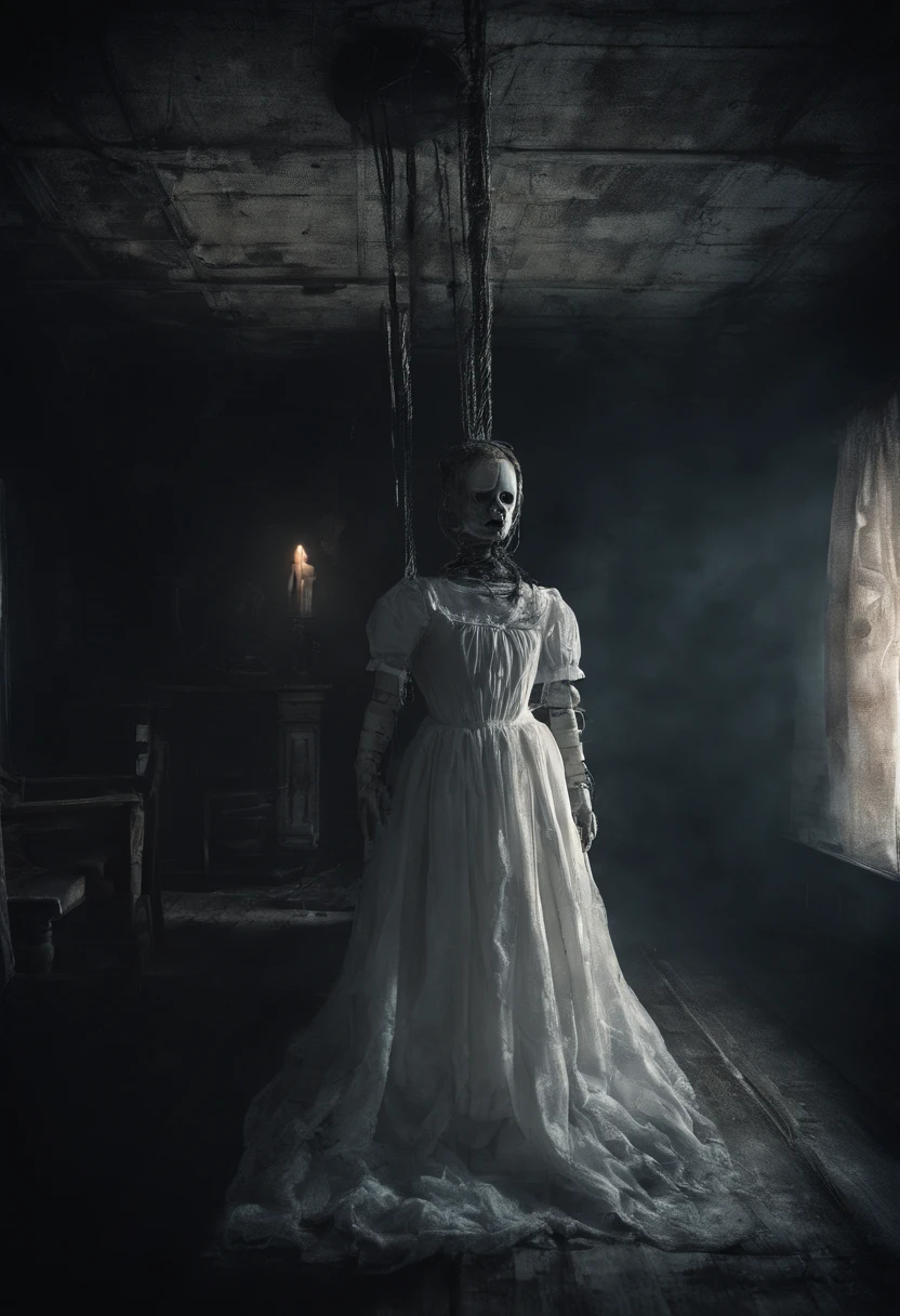 darkened room、ceiling、Spooky doll in white dress hanging from the ceiling