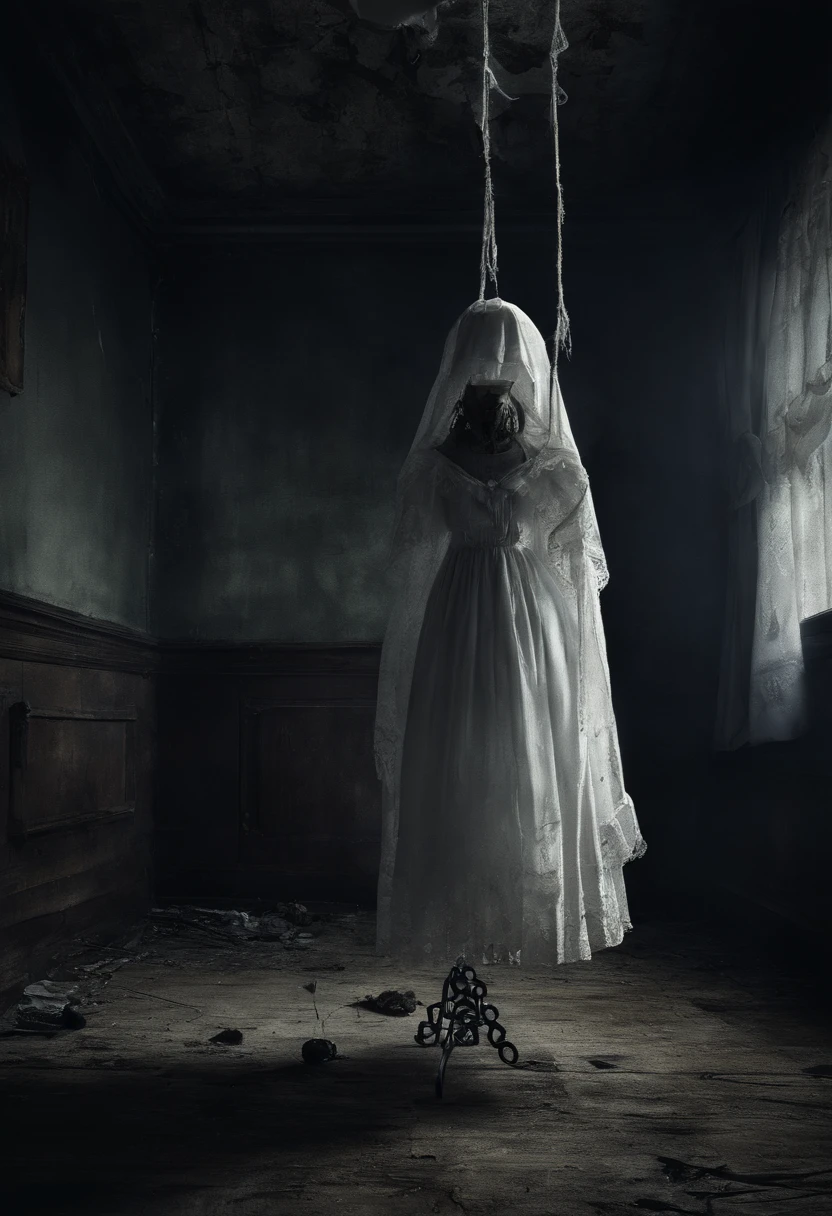 darkened room、ceiling、Spooky doll in white dress hanging from the ceiling