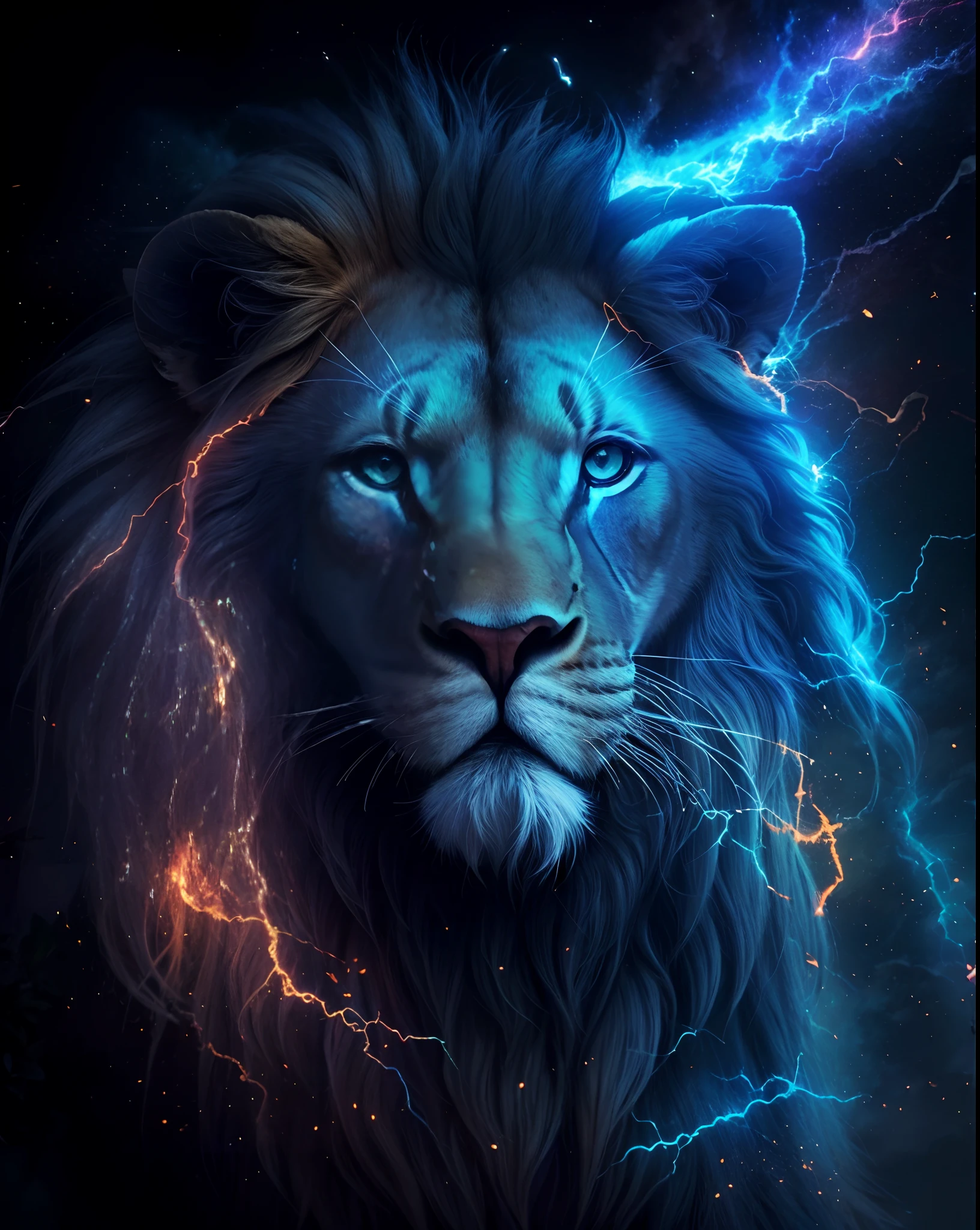 Lion, Divine thunders, Eletric Power, in fire, Divine Fire, Natureza, Natureza, Linda, renderizado, fotorrealista, UltraHD, 4k, texturasdetalhadas, thunders, sombras detalhadas, cores detalhadas, por do sol, sol se pondo, Sunset, Natureza Linda, Great Divine, por do sol, contraste detalhado, contraste realista, alta resolução, cores detalhadas, fogo, eletricidade, divina criatura, 8k, Detailed Realistic, 16K, 8K, HD