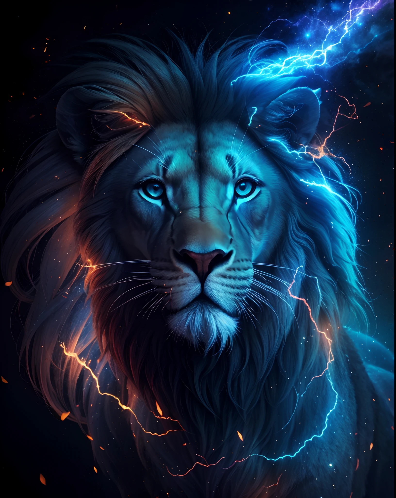 Lion, Divine thunders, Eletric Power, in fire, Divine Fire, Natureza, Natureza, Linda, renderizado, fotorrealista, UltraHD, 4k, texturasdetalhadas, thunders, sombras detalhadas, cores detalhadas, por do sol, sol se pondo, Sunset, Natureza Linda, Great Divine, por do sol, contraste detalhado, contraste realista, alta resolução, cores detalhadas, fogo, eletricidade, divina criatura, 8k, Detailed Realistic, 16K, 8K, HD