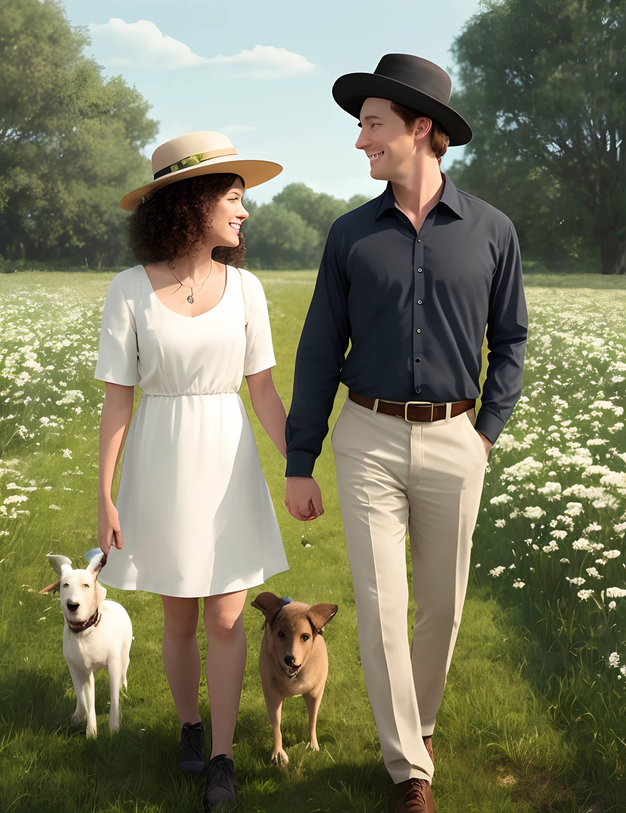 Poster of a Disney Pixar movie where the characters are a tall white old man Gray, skinny in a beige hat, Beige dress pants, light blue dress shirt holding hands with white woman, medium height, a little fat, curly hair, black shoulder-length wearing a knee-length dress, light green. The two then in a field with dogs and birds on a sunny day