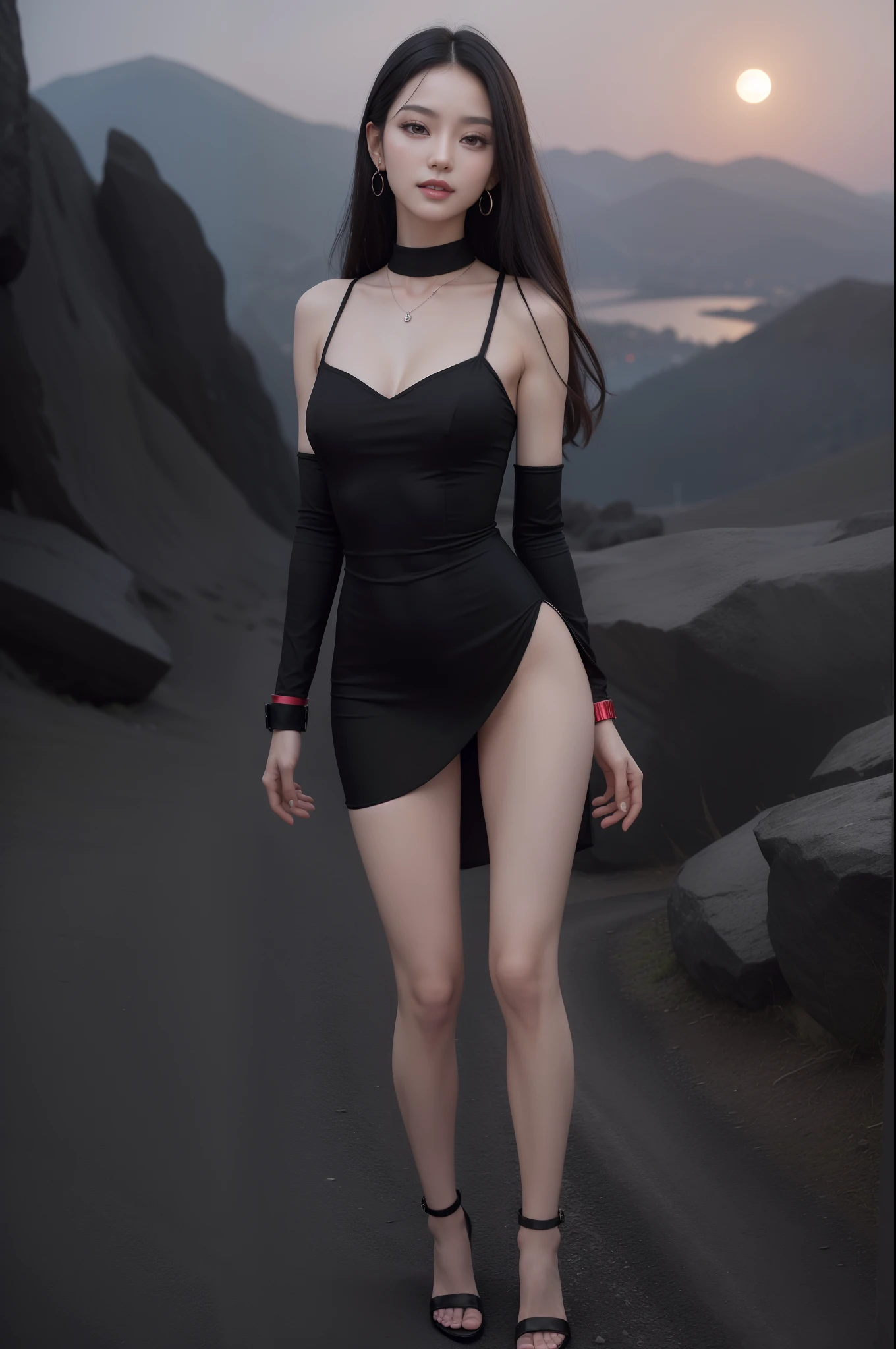 8k, masterpiece, RAW photo, best quality, detail: 1.2), realistic photo, extremely detailed 8k unified CG wallpapers, depth of field, cinematic light, lens flare, ray tracing (extremely beautiful face, beautiful lips , beautiful eyes), face with intricate details, ((Ultra detailed skin)) 1girll, Deep dark shadow, Korean pretty girl, Kpop idol, (Very thin and slim muscular body: 1.3), ((View viewer)), (great smile), (black and red mini dress), (black and red dress), (No panties), (Injection bracelet), (background in a mountain), (moon), (Night), Korean pretty girl, Earrings, bracelet, necklace, no pantyhose, light eyes, walking, (pale skin), looking forward, (big eyes), ((standing full body photo)), (heels), pink minidress, black and red silk minidress , without panties, back, photo from behind