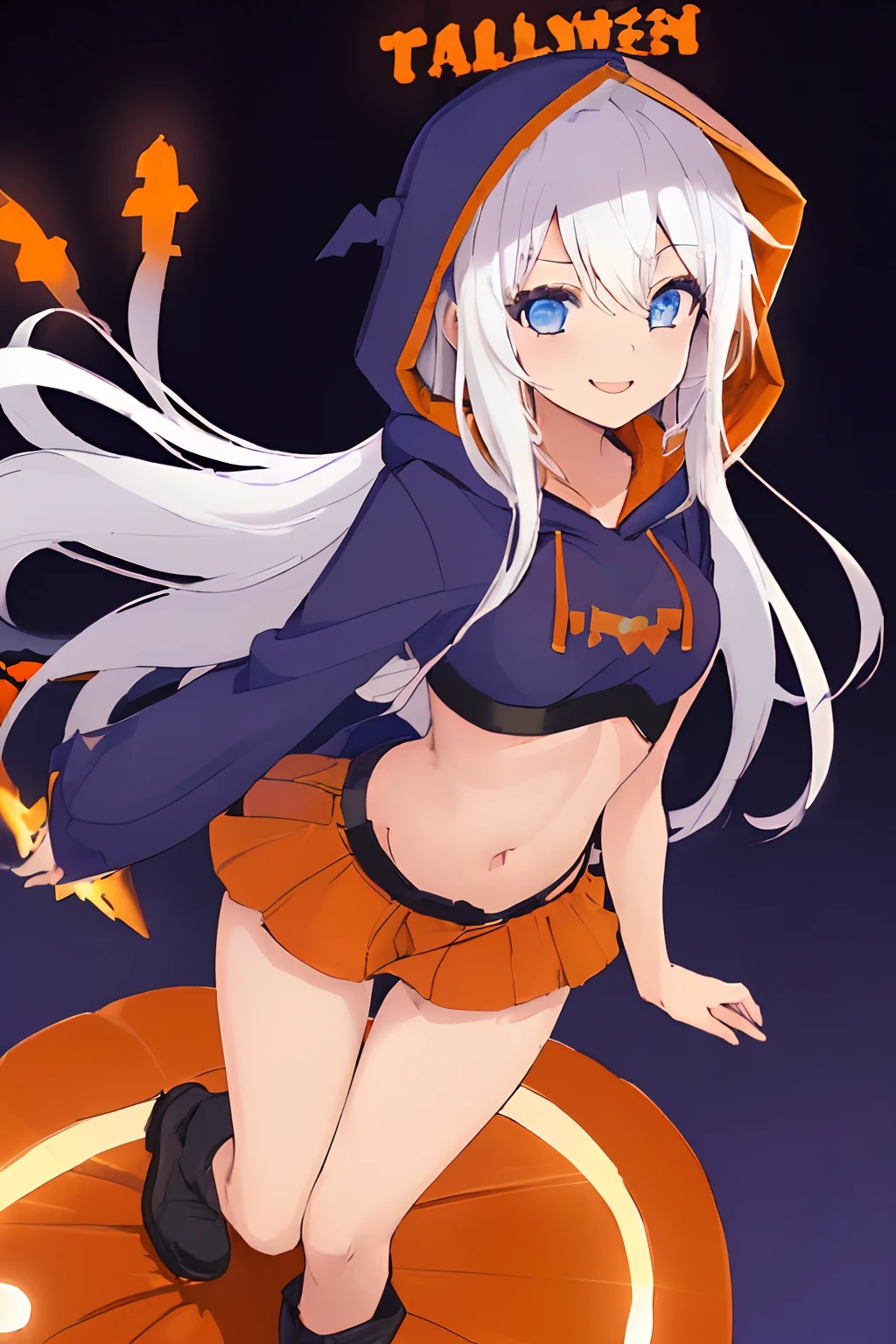 ((((1 girl)))), ((((solo)))), fullbody, ((((white hair)))), long hair, ((((blue eyes)))), happy, smile, 18 year old, dynamic angle, (((wearing a pumpkin halloween costume))), loose parka, ((((hood up)))), (((midriff peek))), mini skirt, standing in Halloween cosplay parade a night , in tokyo