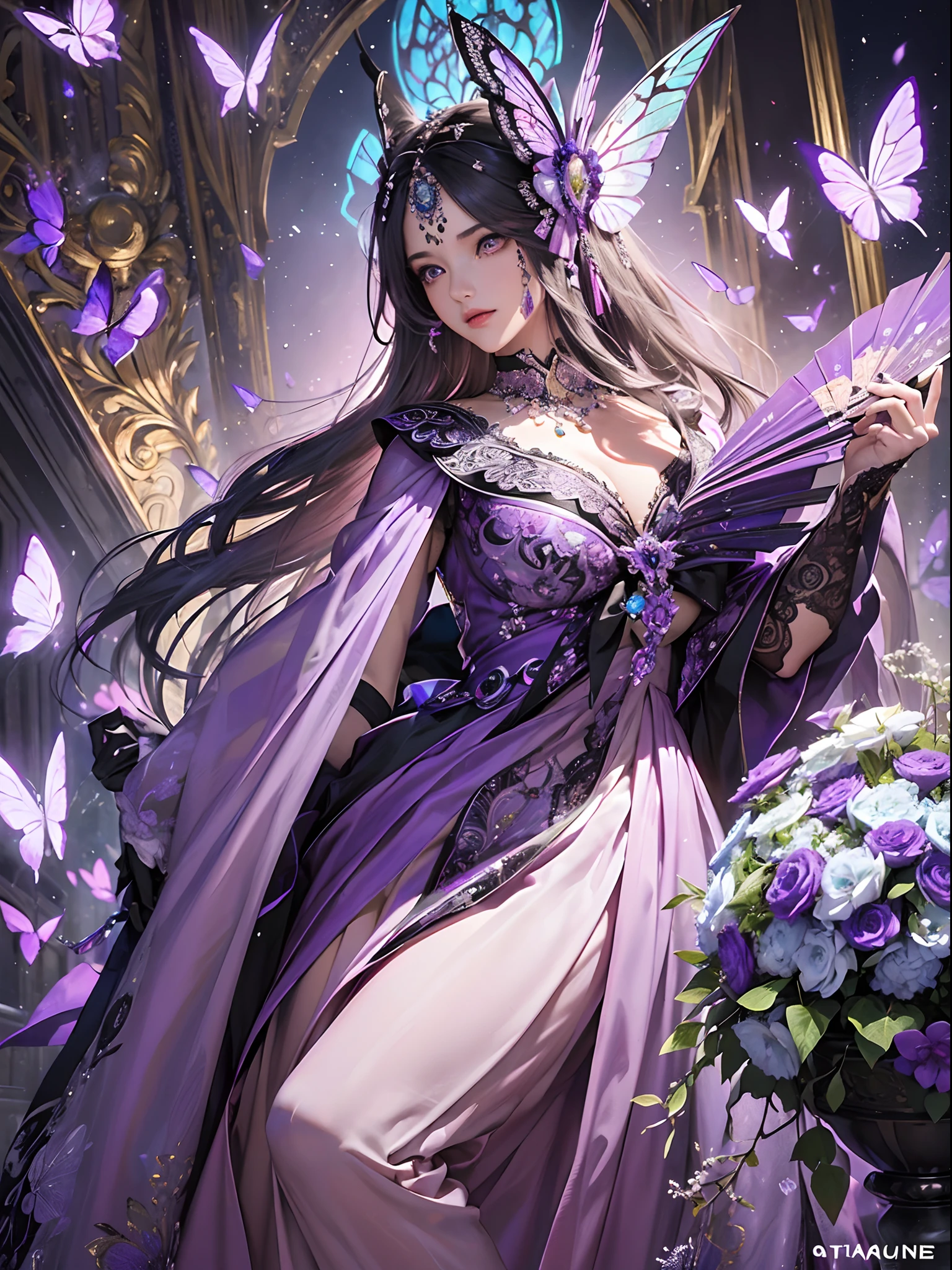 Purple and silver tones、Vibrant colors、((masterpiece)))、(((top-quality)))、((ultra-detailliert))、(A hyper-realistic)、(highly detailed CGillustration)、Official art、Rome at the beginning of the 20th century、Decadent、Frighteningly beautiful butterfly female phantom、Masquerade、Elegance、Masks that cover most of the face、Colorful and detailed mask design、matchless beauty、Fans、gorgeous dress、jewely、Perfect Angle、perfect-composition、looking left、full body Esbian