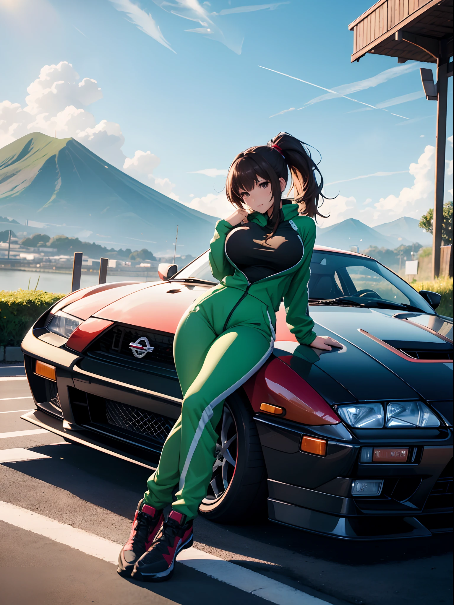 16K, HDR, ray tracing, RTX, ultra realistic, highres, wide angle shot, best quality, masterpiece, full body image, (perfect anatomy ), a cute girl for a photograph sitting on a nissan 300zx hood, wearing short sexy green track suit, big boobs, long brown hair, ponytail, bangs, happy chuckle, brown eyes, sexy body, looking at the camera, day time, blue sky, clouds, anime style, outdoors, trending on artstation, WLOP, sakimichan, award wining, great composition, perfect, great lighting, car girl, 1car, Nissan 300zx, japan village, cute girl, mountain road, drift, drift girl