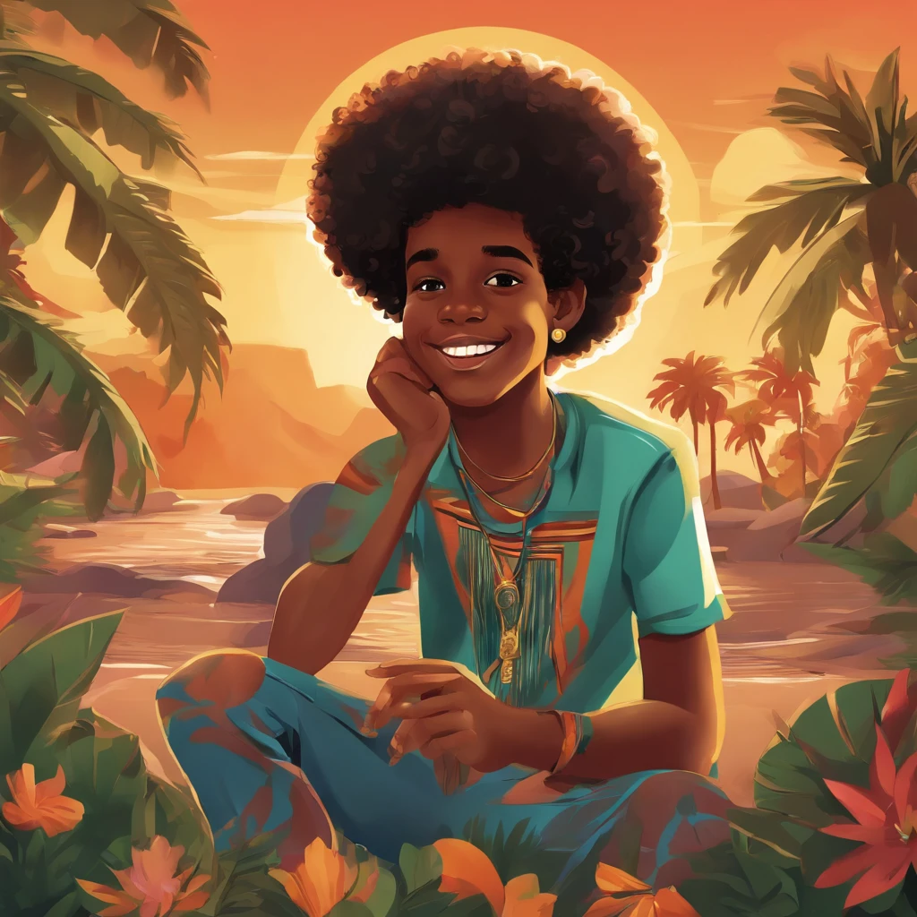 Young black teen boy with Afro curls,illustration,cartoonish style,colorful,creative,expressive,evocative,energetic,playful,vibrant,detailed features,striking eyes,captivating smile,unique fashion style,bold colors,personality shining through,engaging composition,lively atmosphere,scenic background,best quality,ultra-detailed,highres,stunning lighting,eye-catching details,storybook-like feel,artistic masterpiece,holding a controller